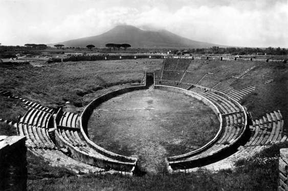 Various Ruins of the Amphitheatre with Mount Vesuvius in background, Pompei, Italy