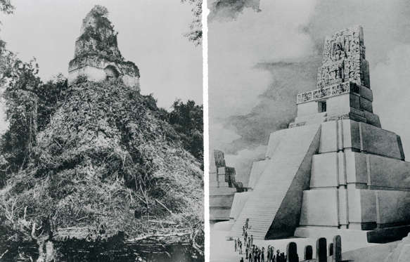 (Original Caption) Jungle foliage covers a once-magnificent Mayan Temple (left) in the "ghost" city of Tikal, Guatemala. The city, largest and possibly oldest site of Mayan civilization, will be explored and partially restored by the University Museum of the University of Pennsylvania. When uncovered and repaired, the temple will look like the drawing at right. The restoration work is intended to make Tikal the "finest architectural monument of American Indian civilization" in existence. Bettmann