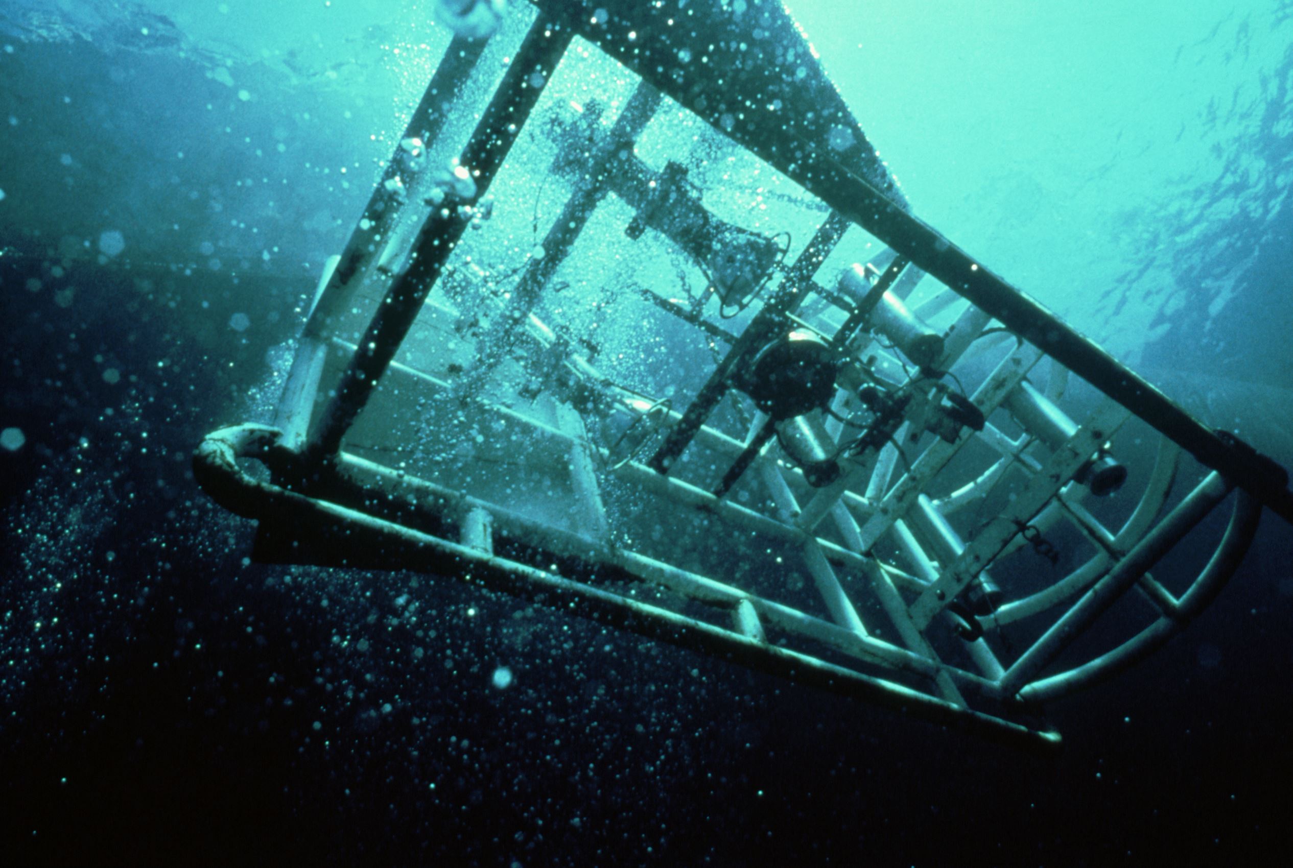 The remotely piloted deep-sea submersible camera sled ANGUS heads for an appointment with the wreck of the Titanic.