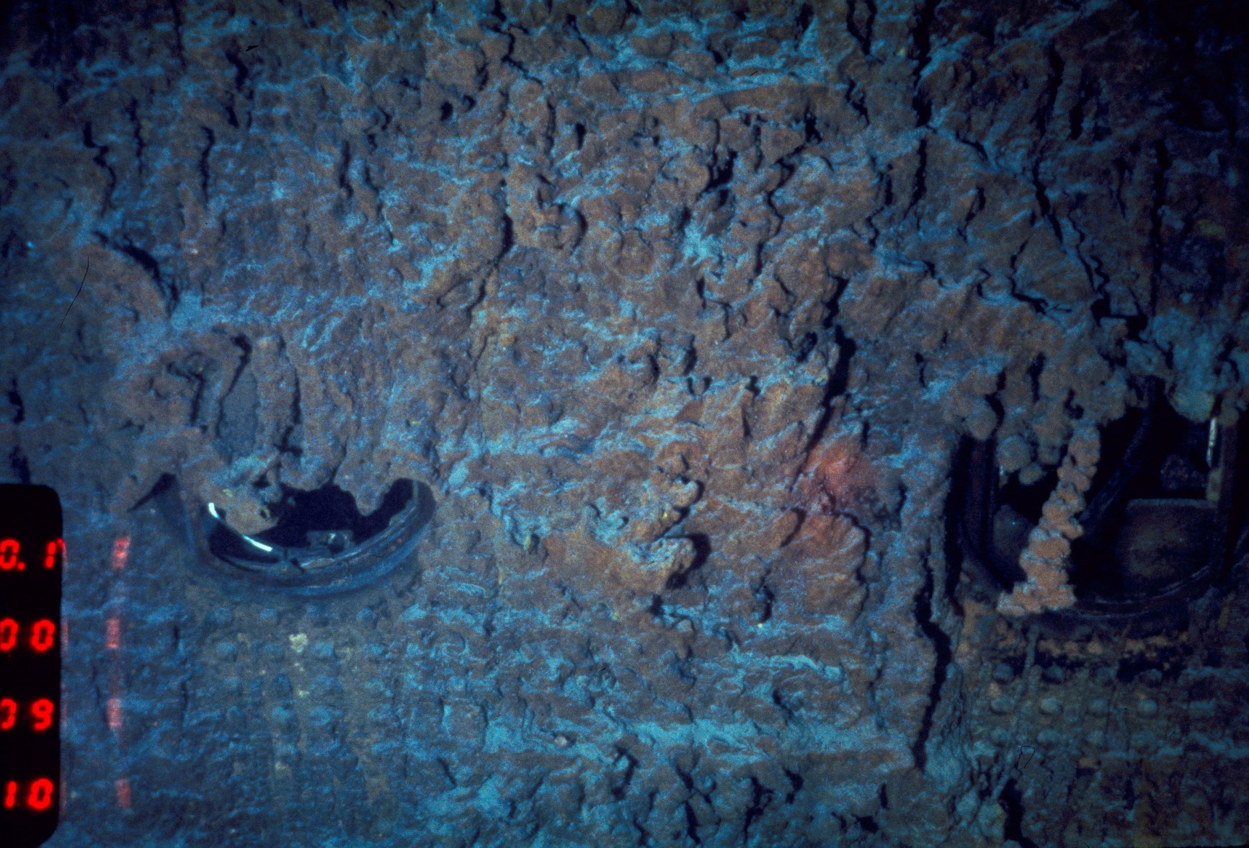 "Rust sickles", icycle-like structures of rust show the effect the years, underwater, have had as they obscure two portholes of the R.M.S. Titanic. This picture was taken by a manned submersible vehicle named Alvin, July 19, 1986. (AP Photo)
