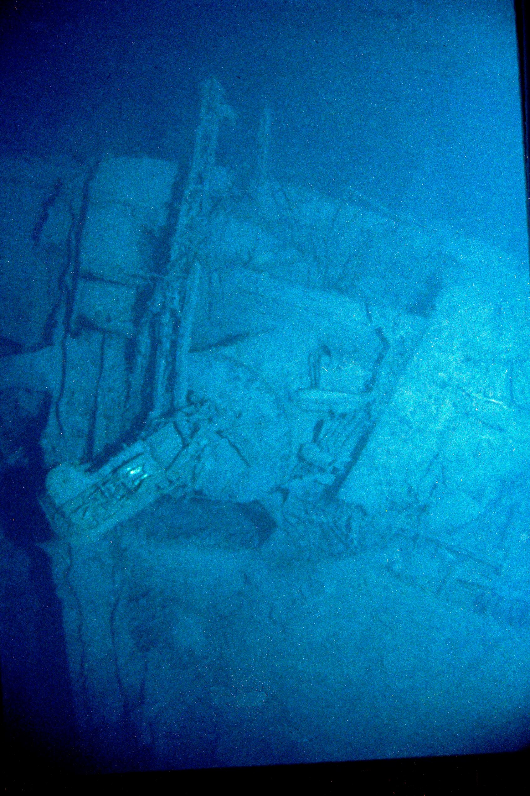 This photo released in Washington on Wednesday July 30, 1986 shows a cargo crane extending beyond the starboard-side hull of the Titanic's stern section. The section was missing when the wreckage was discovered last September by a joint French-American e