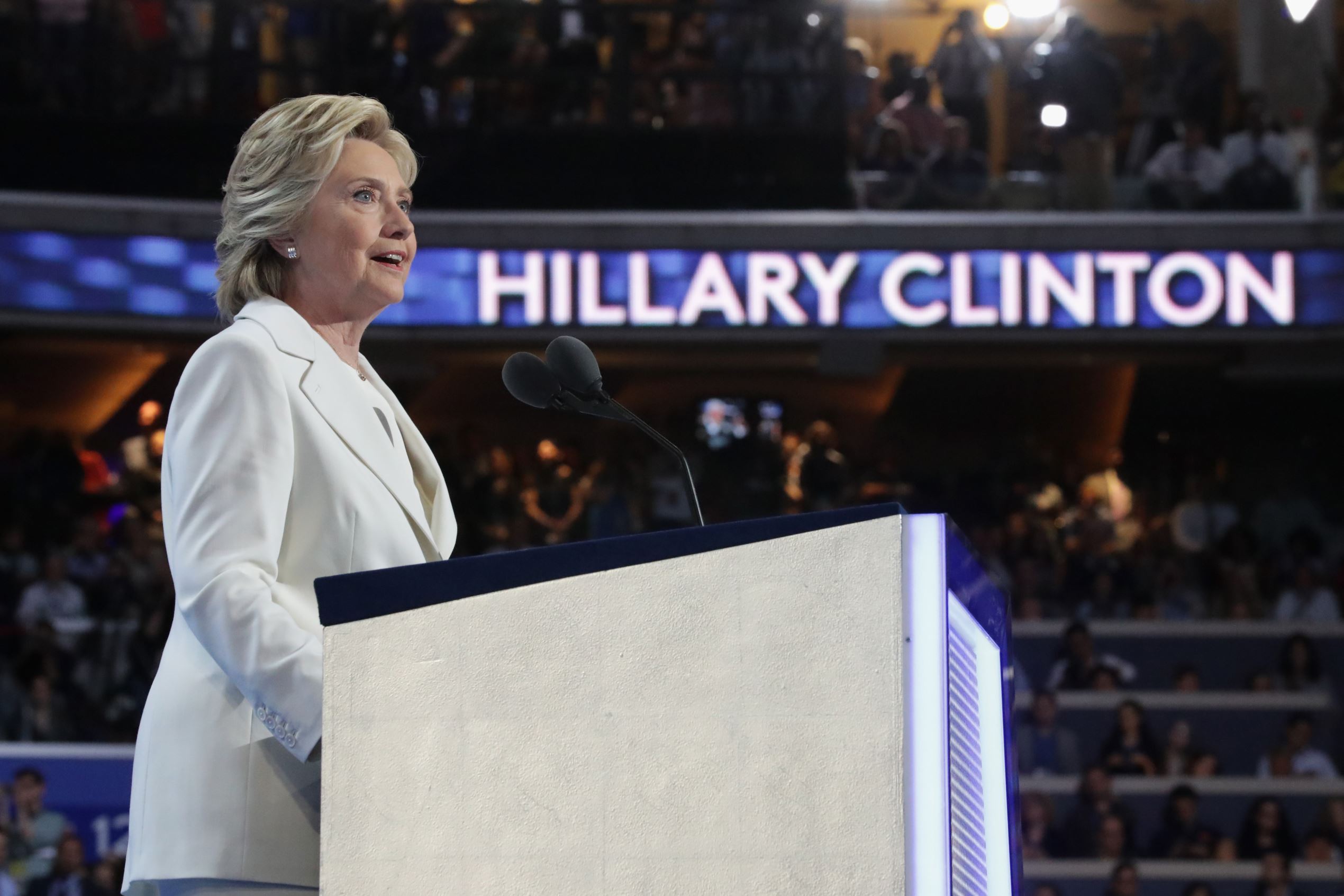 Democratic presidential candidate Hillary Clinton delivers remarks during the fourth day of the Democratic National Convention at the Wells Fargo Center, July 28, 2016 in Philadelphia, Pennsylvania.