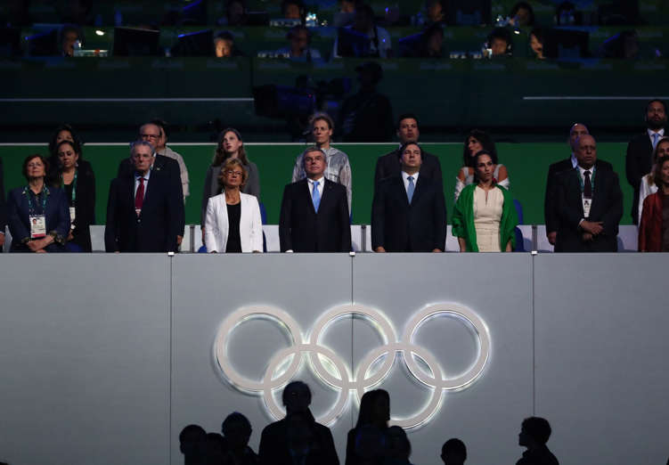 View of official Olympic members looking on during the closing ceremonies