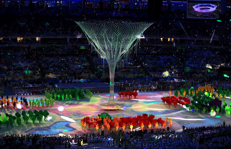 Performers during the Rio Olympic Games 2016 Closing Ceremony at the Maracana, Rio de Janeiro, Brazil.