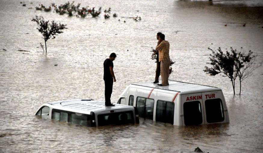 Flooding in Istanbul, Turkey - 09 Sep 2009 People stranded in the flood water.