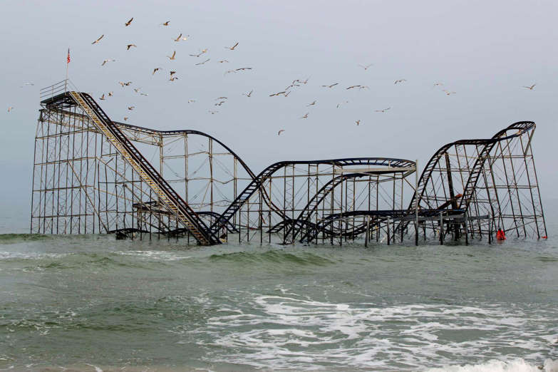 The remnants of the Jet Star roller coaster is pictured in the ocean, almost five months after Superstorm Sandy, in Seaside Heights, New Jersey March 21, 2013. The Jersey shore, a 127-mile stretch of beaches, small communities and kitschy icons, remains largely in shambles, with the traditional Memorial Day start to the summer season a mere two months away. Picture taken March 21, 2013.