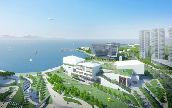 Diapositiva 2 de 11: A rendering of the new Design Society cultural hub overlooking the sea.