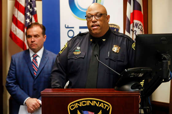 Cincinnati Police Chief Eliot Isaac speaks alongside mayor John Cranley speaks during a news conference at police headquarters regarding a fatal shooting at the Cameo Nightclub, Sunday, March 26, 2017, in Cincinnati. At least two people opened fire inside a crowded nightclub early Sunday morning, killing one person and wounding more than a dozen others in what authorities described as a chaotic scene.