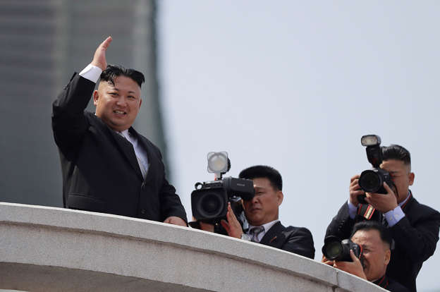 North Korean leader Kim Jong Un waves during a military parade on Saturday, April 15, 2017, in Pyongyang, North Korea to cele BBzRhaR