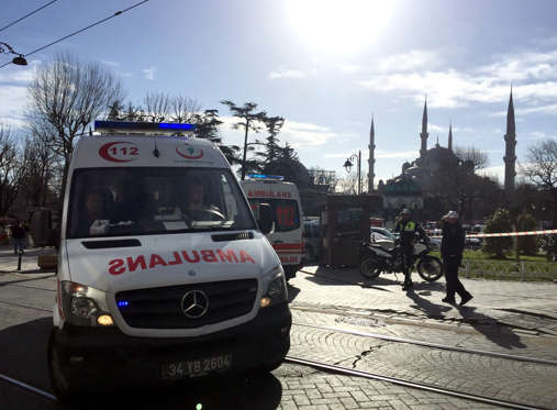 ISTANBUL, TURKEY - JANUARY 12: Ambulances gather around Sultanahmet tourist district after an explosion in Istanbul, Turkey on January 12, 2016. Turkish police have sealed off central Istanbul square in historic Sultanahmet district after the explosion was heard. Ambulances raced to the scene in the minutes after the explosion. (Photo by Veli Gurgah/Anadolu Agency/Getty Images)