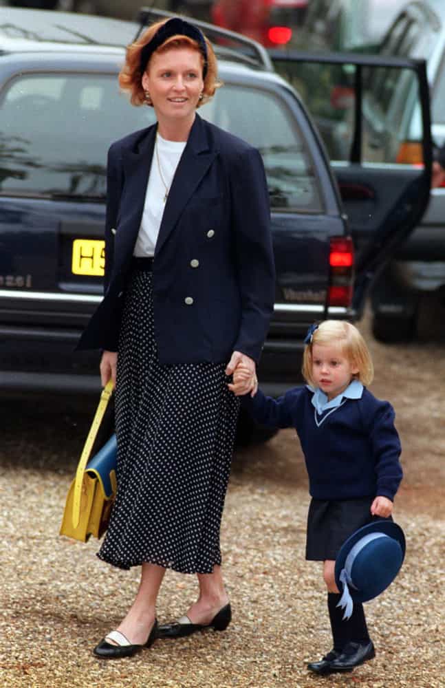 <p>Princess Beatrice, who is Prince Andrew's oldest daughter, attends her first day at Upton House School in Windsor in September 1991 accompanied by her mother, the Duchess of York.</p>