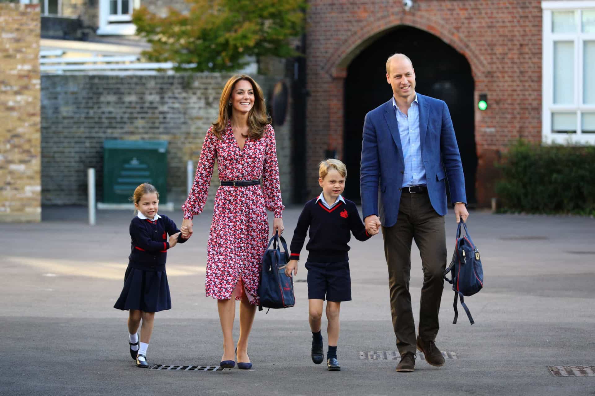 <p>Princess Charlotte arrives for her first day at Thomas's Battersea Prep School in London, England, with her brother Prince George and parents the Duke and Duchess of Cambridge on September 5, 2019.</p>