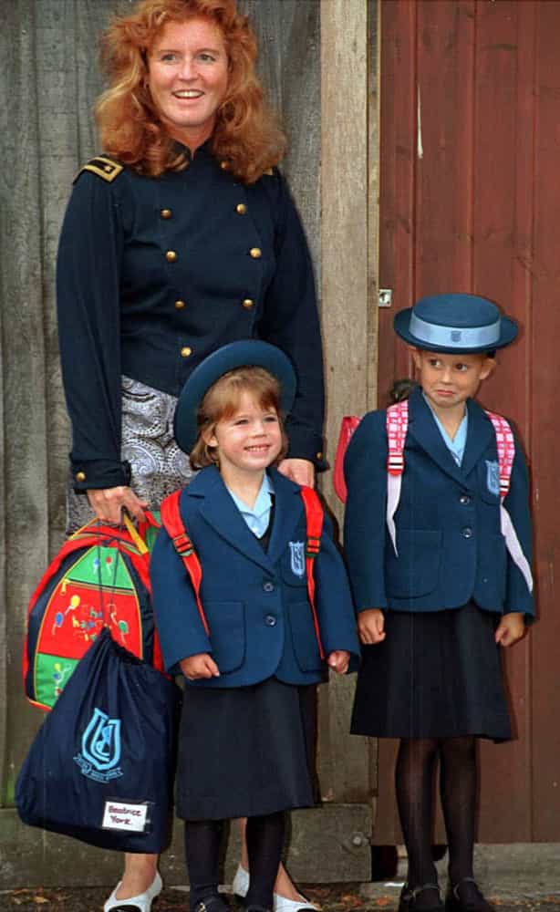 <p>Prince Andrew's younger daughter Princess Eugenie at her first day at Upton House School with her sister Princess Beatrice and their mother, the Duchess of York.</p>