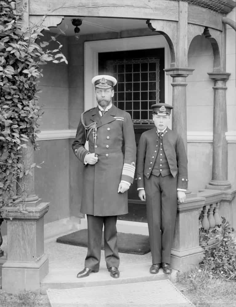 <p>The Prince of Wales, later George V, with his son, Prince Edward, at the Royal Naval College, Osborne, Isle of Wight in 1908.</p>