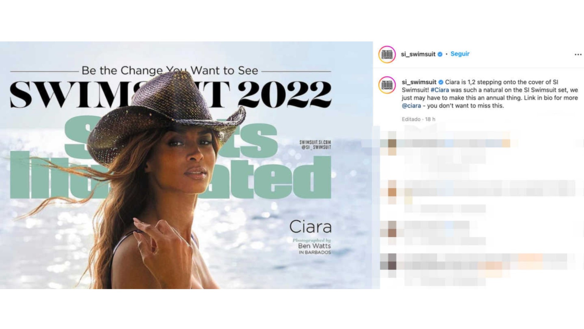 <p>The singer Ciara is another star of the Sports Illustrated Swimsuit Edition 2022. She has a spectacular cover that includes a Texan hat and animal print. In the full photo session, the singer wears everything from a beautiful black swimsuit to an impossible denim bikini.</p> <p>Photo: Instagram - @si_swimsuit</p>