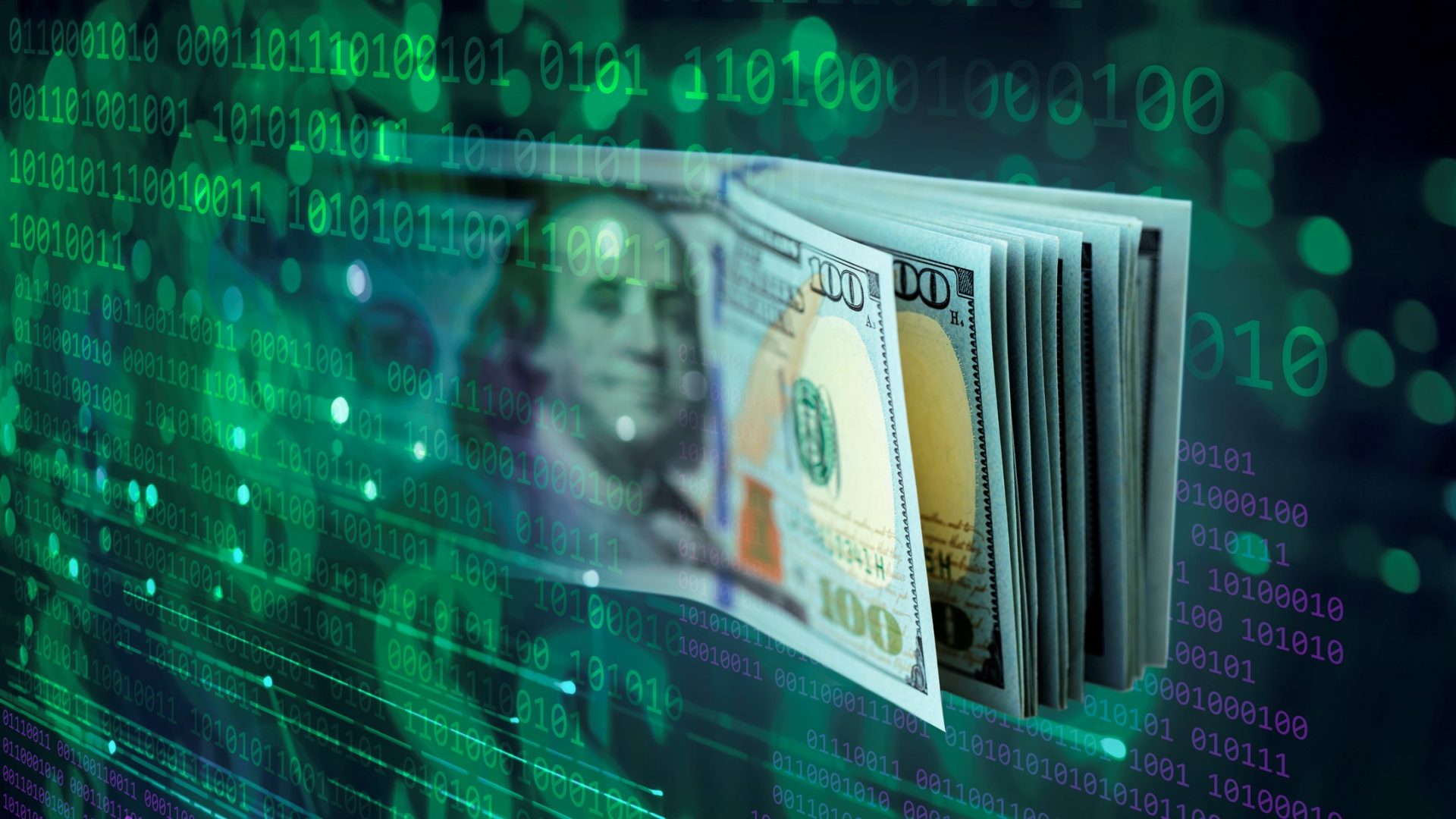 Financial Technologies – binary code background with dollar banknotes