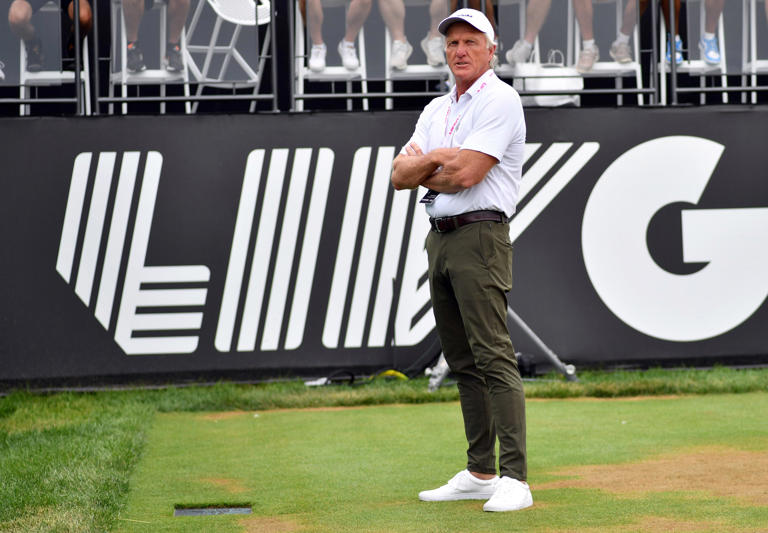 Jul 29, 2022; Bedminster, New Jersey, USA; CEO of LIV golf Greg Norman looks on from the first tee box during the first round of a LIV Golf tournament at Trump National Golf Club Bedminster. Mandatory Credit: Jonathan Jones-USA TODAY Sports