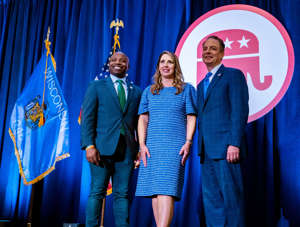 (Left to right) Milwaukee Mayor Cavalier Johnson, Chairperson of the Republican National Committee Ronna McDaniel, and Chairperson of the Republican National Committee Reince Priebus pose for a photo after signing the official document selecting Milwaukee to host the 2024 Republican National Convention on Friday, August 5, 2022 at the JW Marriott in Chicago, Illinois.