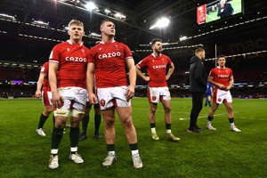 Jac Morgan (left) with Dewi Lake at the end of Wales' Six Nations game with France