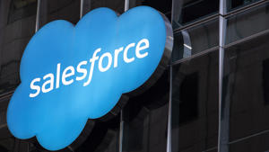 The Salesforce logo is seen at its headquarters in San Francisco, California. ((Photo by Stephen Lam/Getty Images))