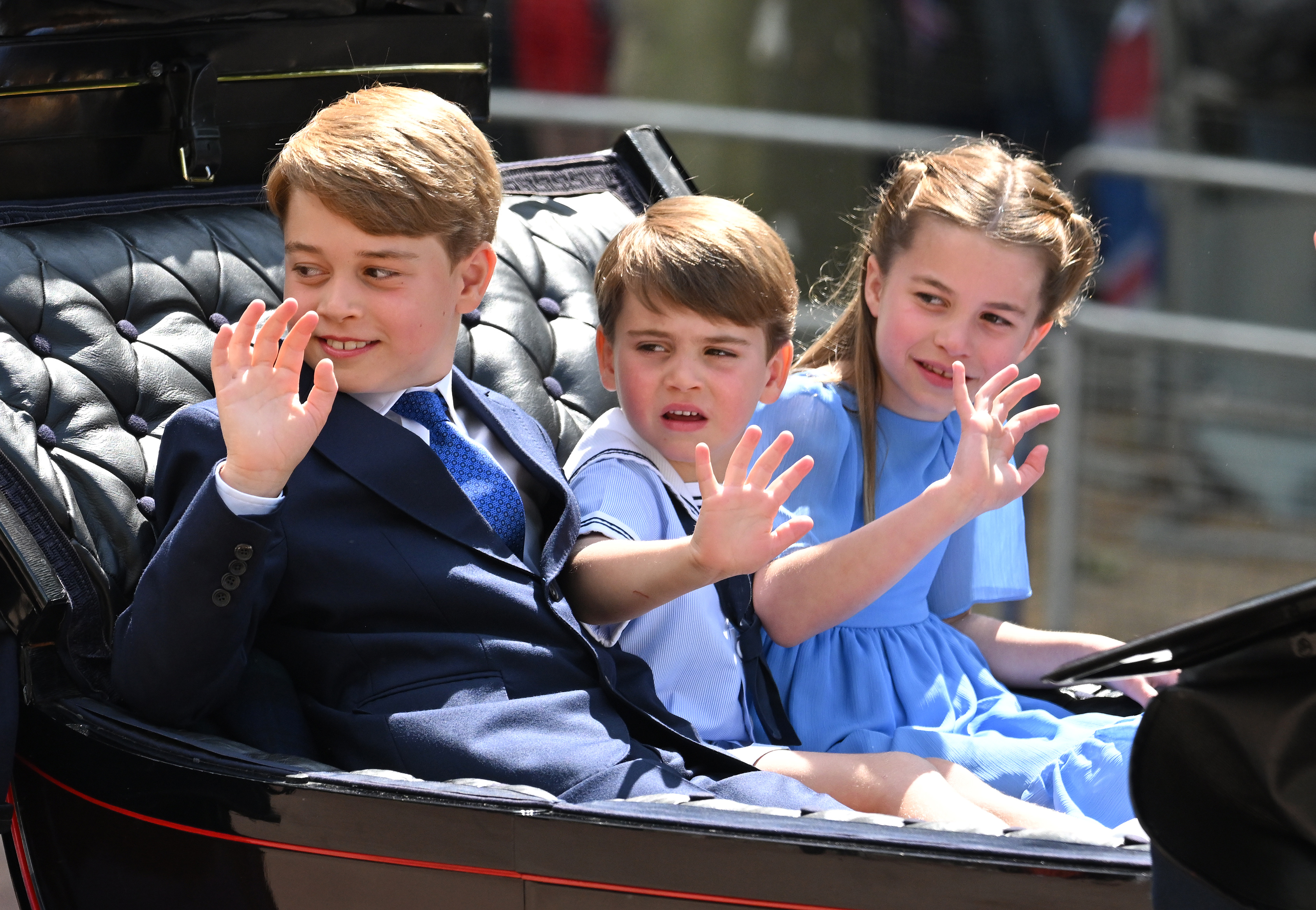 <p>Prince George, Prince Louis and Princess Charlotte waved in unison during the <a href="https://www.wonderwall.com/celebrity/royals/trooping-the-colour-2022-see-all-the-best-photos-of-the-cambridge-kids-duchess-kate-and-more-royals-amid-the-queens-platinum-jubilee-605764.gallery">Trooping the Colour</a> carriage procession -- their first time participating -- which kicked off Queen Elizabeth II's <a href="https://www.wonderwall.com/celebrity/royals/platinum-jubilee-see-the-best-photos-from-4-days-of-celebrations-marking-the-queens-70-year-reign-606239.gallery">Platinum Jubilee celebrations</a> in London on June 2, 2022. </p>