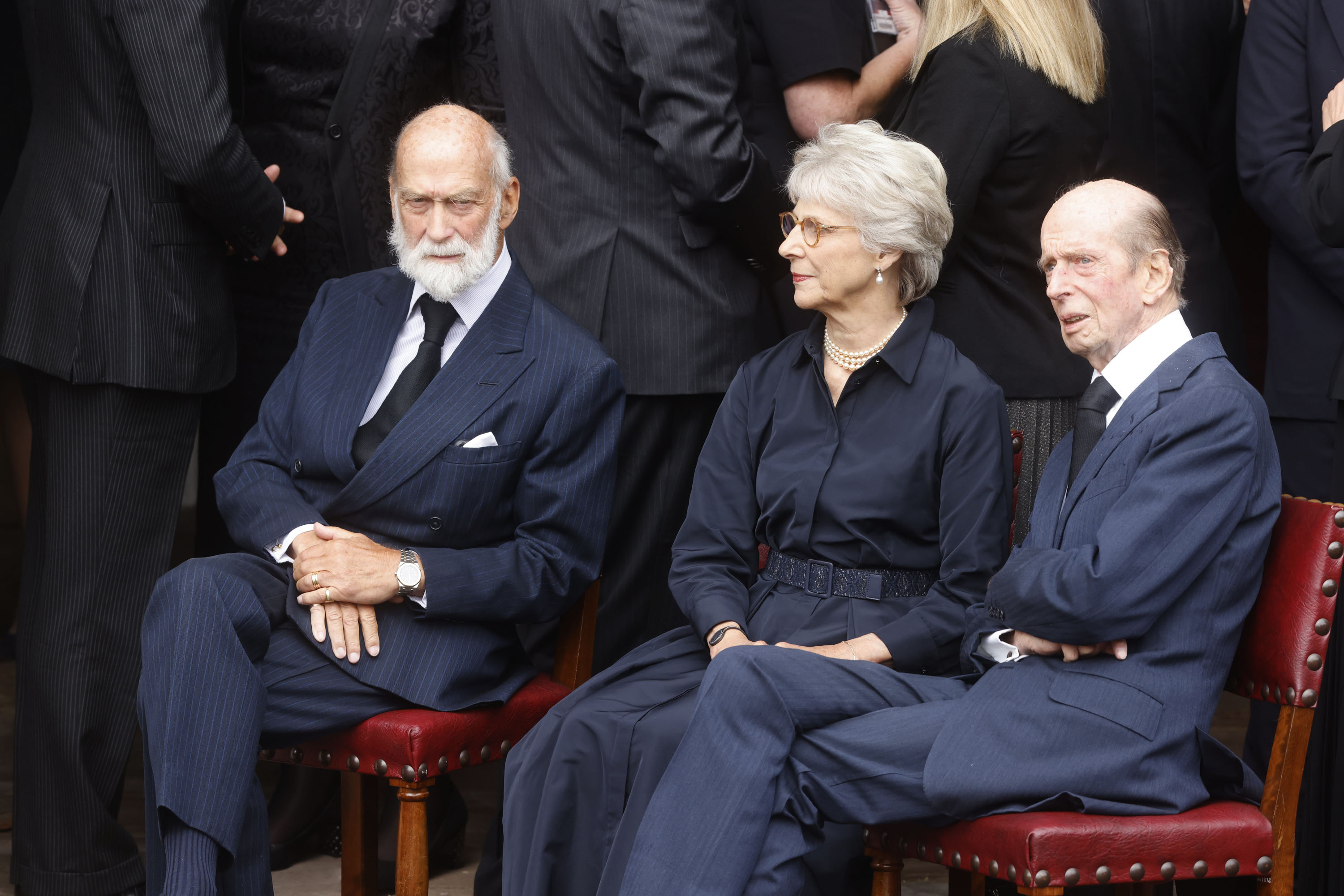 <p>Royals from another era who belong to the late queen's generation -- her first cousin Prince Michael of Kent; another first cousin's wife, Birgitte, Duchess of Gloucester; and her first cousin Prince Edward, Duke of Kent -- sat together as the Principal Proclamation was read from the balcony overlooking Friary Court at St. James's Palace in London on Sept. 10, 2022, as King Charles III was proclaimed monarch in a meeting of the Accession Council. The Accession Council, attended by Privy Councillors, is divided into two parts: In part I, the Privy Council, without the king present, proclaims him sovereign; and part II, in which the king holds the first meeting of His Majesty's Privy Council. The Accession Council was followed by the first public reading of the Principal Proclamation read from the balcony overlooking Friary Court at St James's Palace.</p>