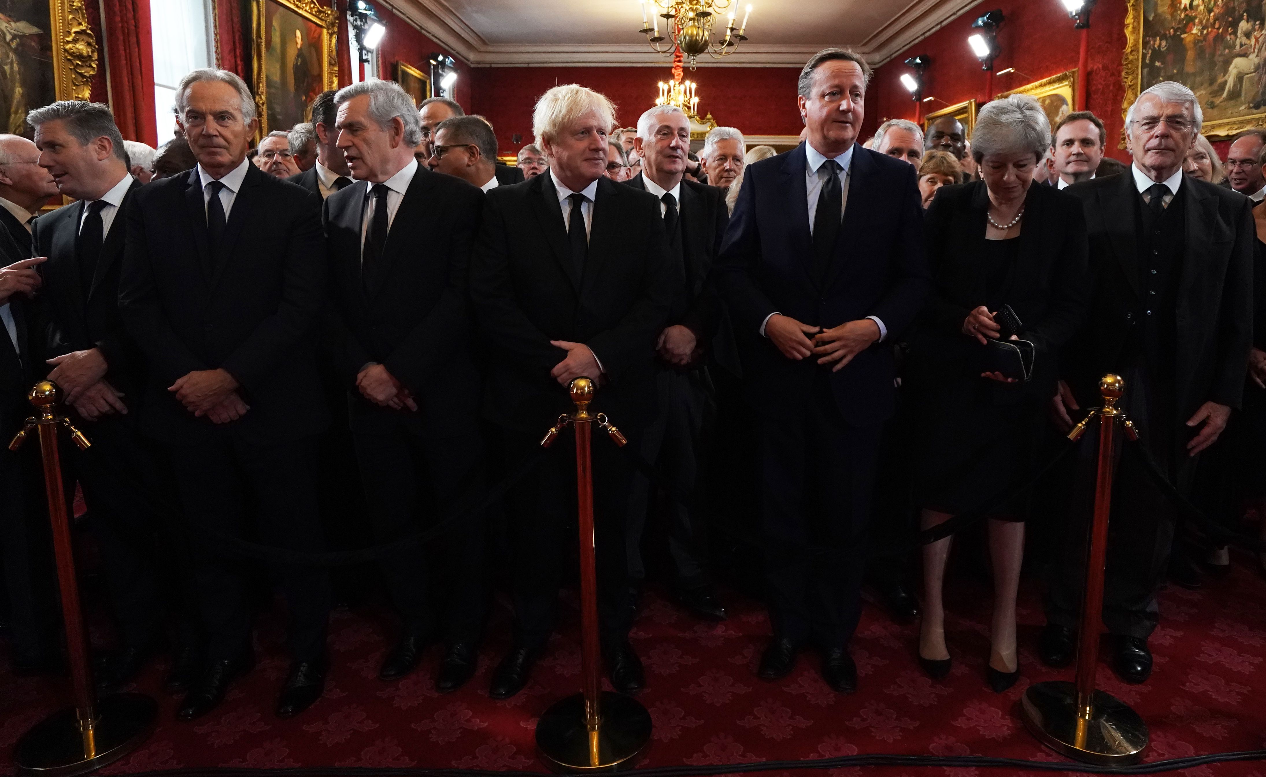 <p>In an extraordinary gathering of political force, Labour leader Sir Keir Starmer (left) stands next to six former British prime ministers -- Tony Blair, Gordon Brown, Boris Johnson, David Cameron, Theresa May and Sir John Major -- ahead of the Accession Council ceremony at St. James's Palace in London, where King Charles III was formally proclaimed monarch on Sept. 10, 2022.</p>