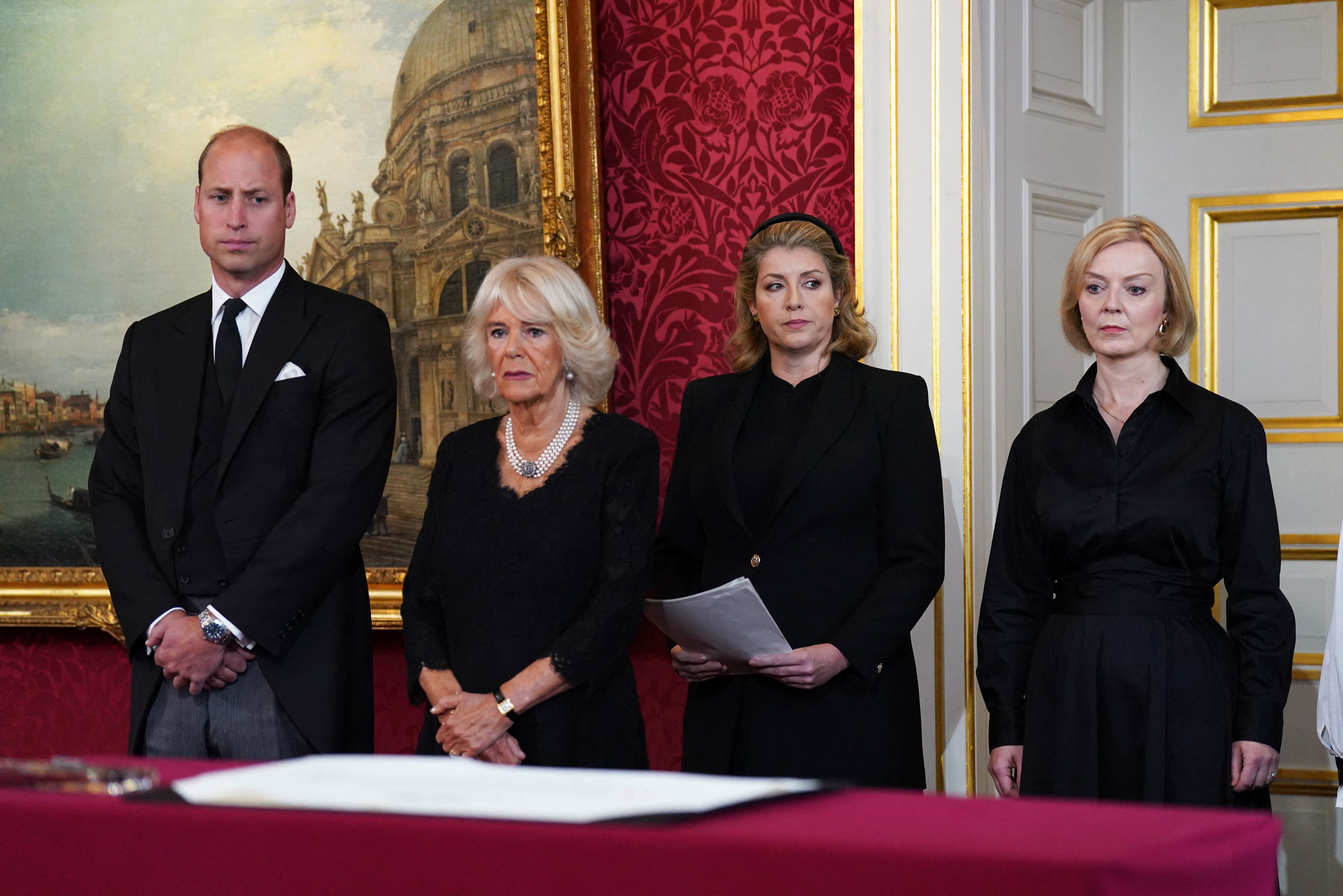 <p>With serious looks on their faces, newly titled <a href="https://www.wonderwall.com/celebrity/profiles/overview/prince-william-482.article">Prince William</a>, now the Prince of Wales, and Camilla, Queen Consort stood next to Lord President of the Council Penny Mordaunt and Britain's Prime Minister Liz Truss during the meeting of the Accession Council inside St. James's Palace in London on Sept. 10, 2022, to officially proclaim King Charles III as the new monarch. <a href="https://www.youtube.com/watch?v=f7DJKGP-Zy8">Sky News</a> reported that this is the first time women have attended the Accession Council, which last met 70 years ago. </p>