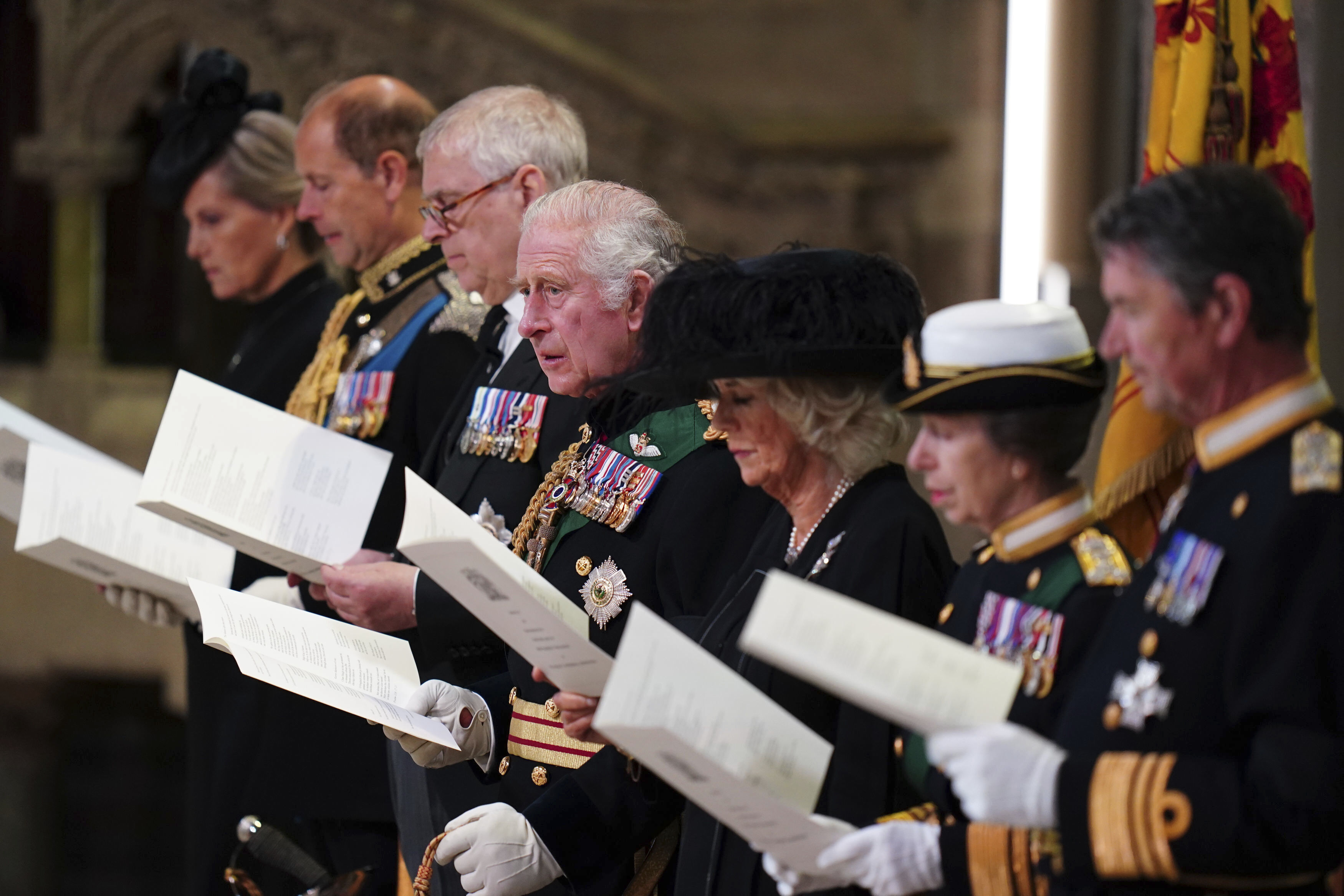 <p>Senior royal family members -- Sophie, Countess of Wessex and husband Prince Edward, Prince Andrew, King Charles III and wife Camilla, Queen Consort, Princess Anne and husband Sir Tim Laurence -- attended a Service of Prayer and Reflection for the Life of Queen Elizabeth II at St. Giles' Cathedral in Edinburgh, Scotland, on Sept. 12, 2022, four days after <a href="https://www.wonderwall.com/celebrity/celebrities-dignitaries-react-to-death-of-queen-elizabeth-ii-647756.gallery">the monarch's death</a> before her coffin headed to London for her funeral.</p>
