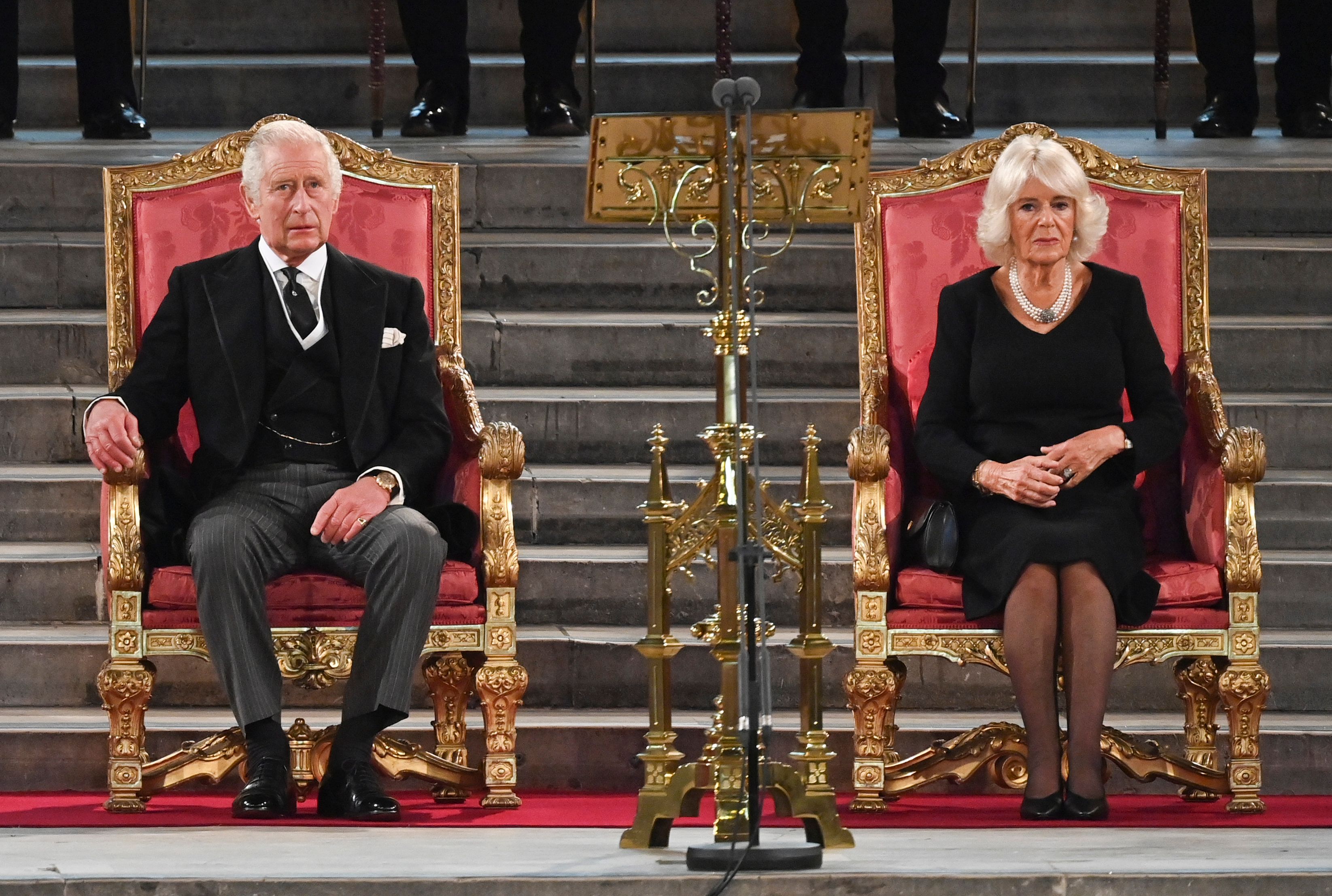 <p>His Majesty King Charles III and Her Majesty Camilla, The Queen Consort sat in red and gold thrones as the new sovereign received condolences over his mother Queen Elizabeth II's <a href="https://www.wonderwall.com/celebrity/celebrities-dignitaries-react-to-death-of-queen-elizabeth-ii-647756.gallery">death</a> from both Houses of Parliament at Westminster Hall in London on Sept. 12, 2022.</p>