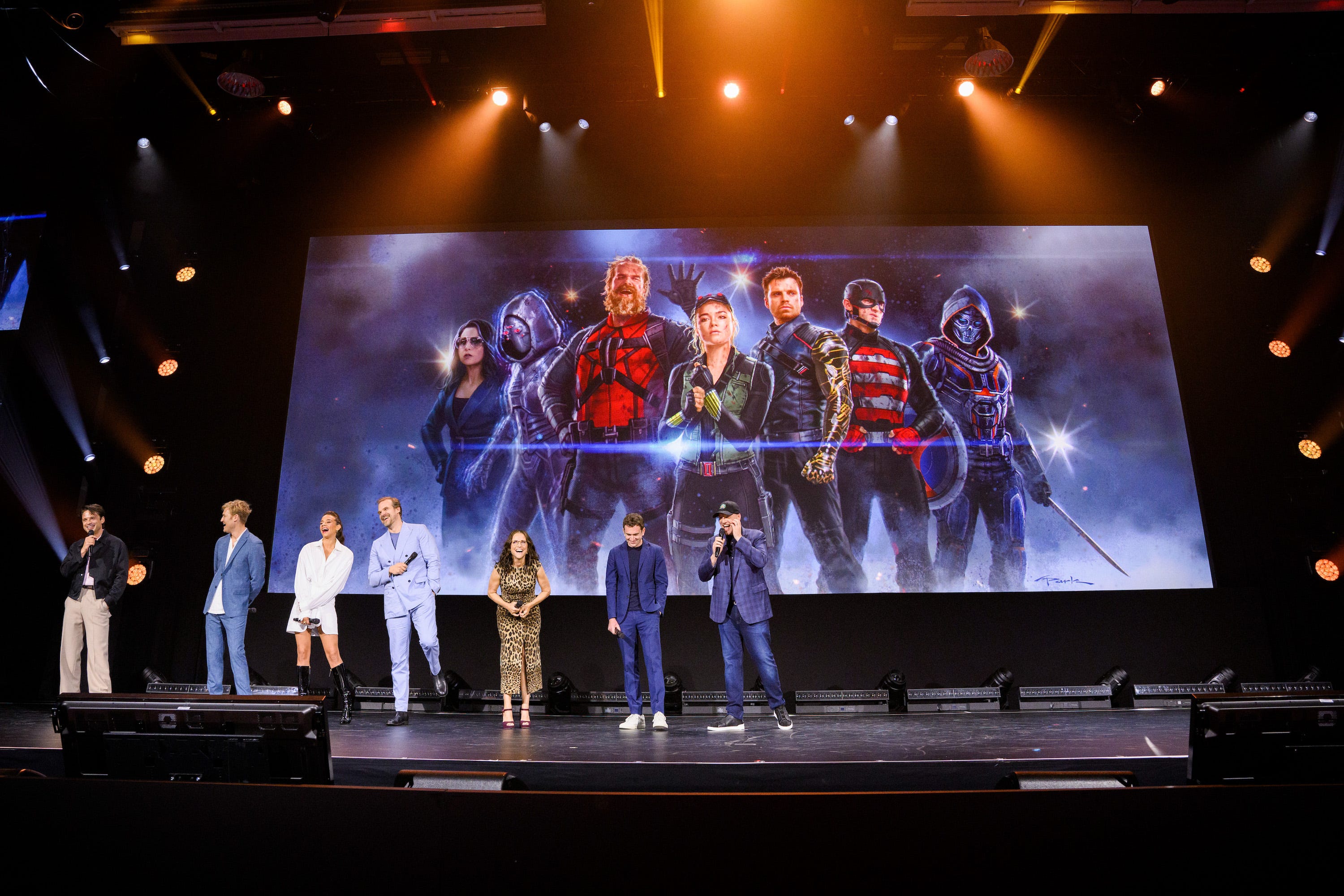 <p>"There's currently a world without the Avengers," Feige said at D23 Expo of the state of the MCU in the next "Captain America" film. "Just because there is not an organization of the Avengers, doesn't mean there's not a group of superheroes in the MCU."</p><p>The ragtag bunch of antiheroes includes a group of characters we've seen introduced in various movies and Disney+ shows. Bucky Barnes/The Winter Soldier (Sebastian Stan), US Agent (Wyatt Russell), Ghost (Hannah John-Kamen), Red Guardian (David Harbour), Contessa Valentina Allegra de Fontaine (Julia Louis-Dreyfus), Taskmaster (Olga Kurylenko), and Yelena Belova (Florence Pugh) will all star in the upcoming movie. The group basically seems like Marvel's version of the Suicide Squad.</p><p>"It's good to be back. I'm as excited as the most boring Avenger," Russell joked about returning to the MCU.</p><p>"They look like a good, troubled bunch and maybe I know a thing or two about that," Stan, whose character has dealt with a lot of PTSD said about Bucky being a part of a group again.</p><p>"I think it tells you all you need to know about the Thunderbolts when beloved Winter Soldier is the most stable among them," Feige said.</p>