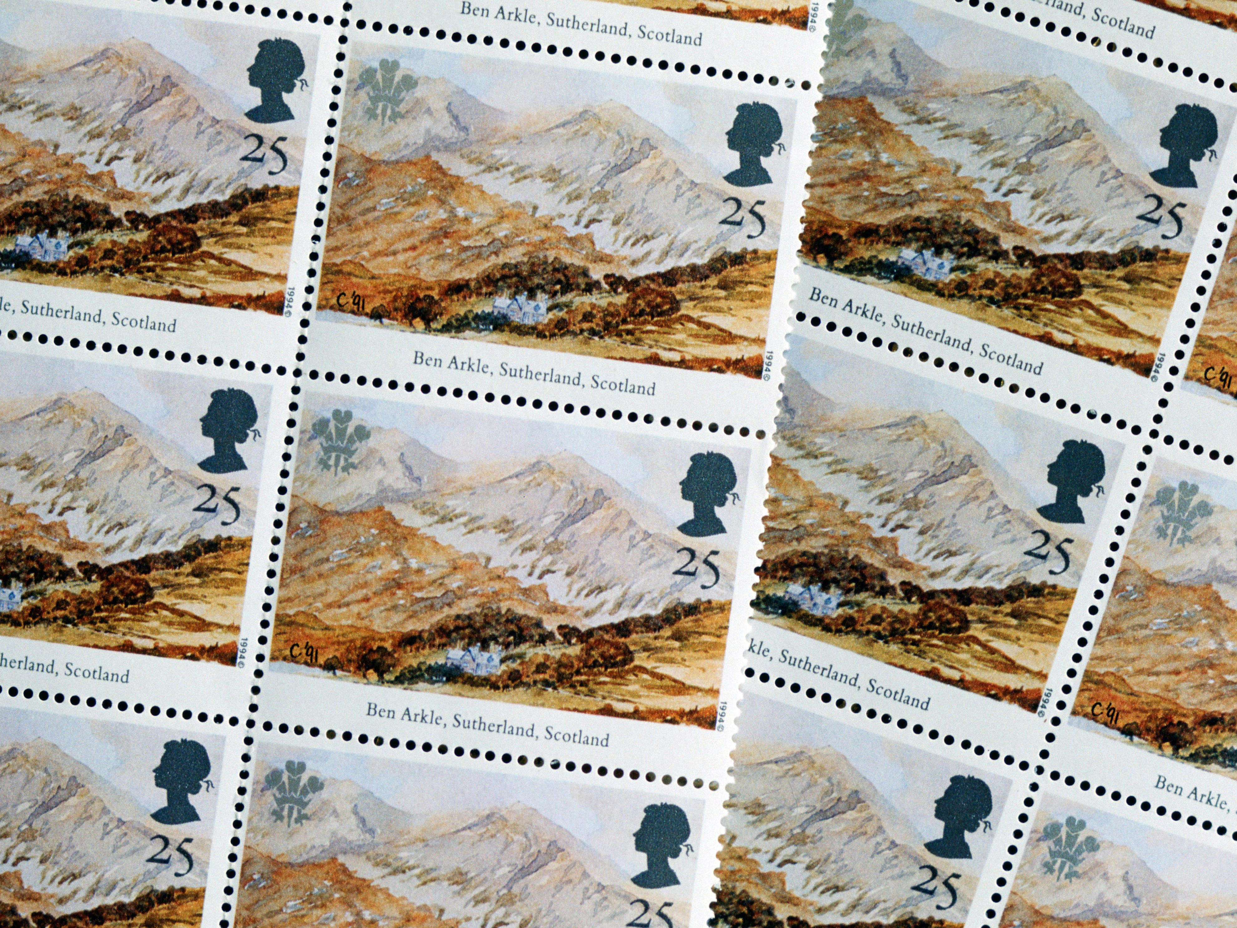 Slide 15 of 16: In 1994, the Royal Mail honored the king by putting his watercolors on its stamps, including this painting of Arkle mountain in Sutherland, Scotland.Arkle is located in the far northwest corner of the Scottish Highlands. Much of the mountain is made up of Cambrian quartzite, which gives it a glistening appearance when seen up close.