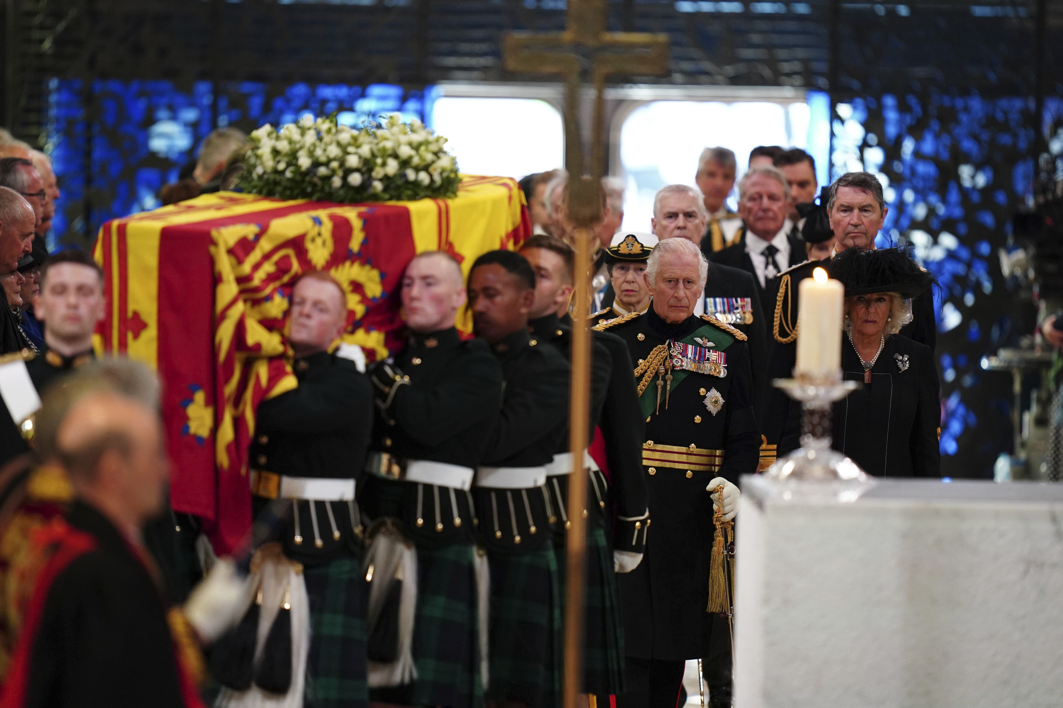<p>Britain's King Charles III and wife Camilla, Queen Consort, Princess Anne and husband Sir Tim Laurence and Prince Andrew followed Queen Elizabeth II's coffin as it entered St. Giles' Cathedral in Edinburgh, Scotland, for a Service of Prayer and Reflection on Sept. 12, 2022, a week before Her Majesty's funeral was to be held in London.</p>