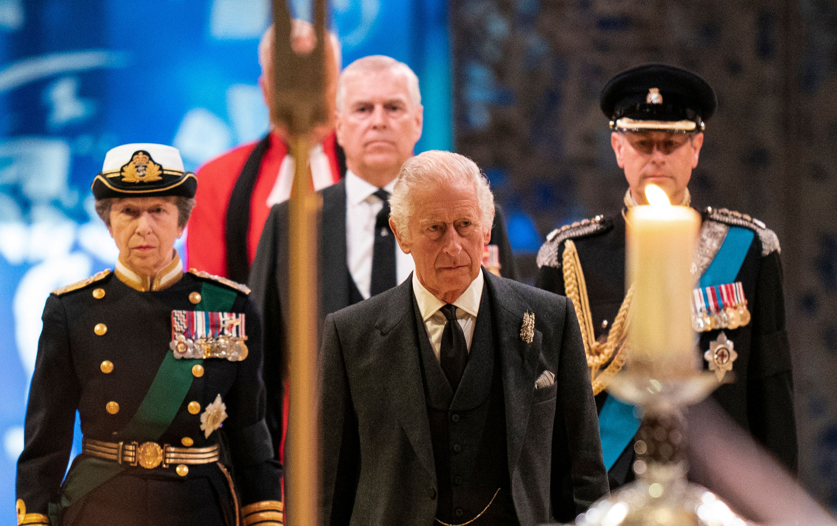 <p>Britain's King Charles III, Princess Anne, Prince Andrew and Prince Edward arrived to attend the Vigil of the Princes at St. Giles' Cathedral in Edinburgh, Scotland, on Sept. 12, 2022, following the death of their mother, Queen Elizabeth II, on Sept. 8. The foursome stood on all four sides of the queen's casket for 10 minutes alongside members of the Royal Company of Archers, who were there to guard the queen's body through the night, as thousands of mourners filed past to pay their respects.</p>
