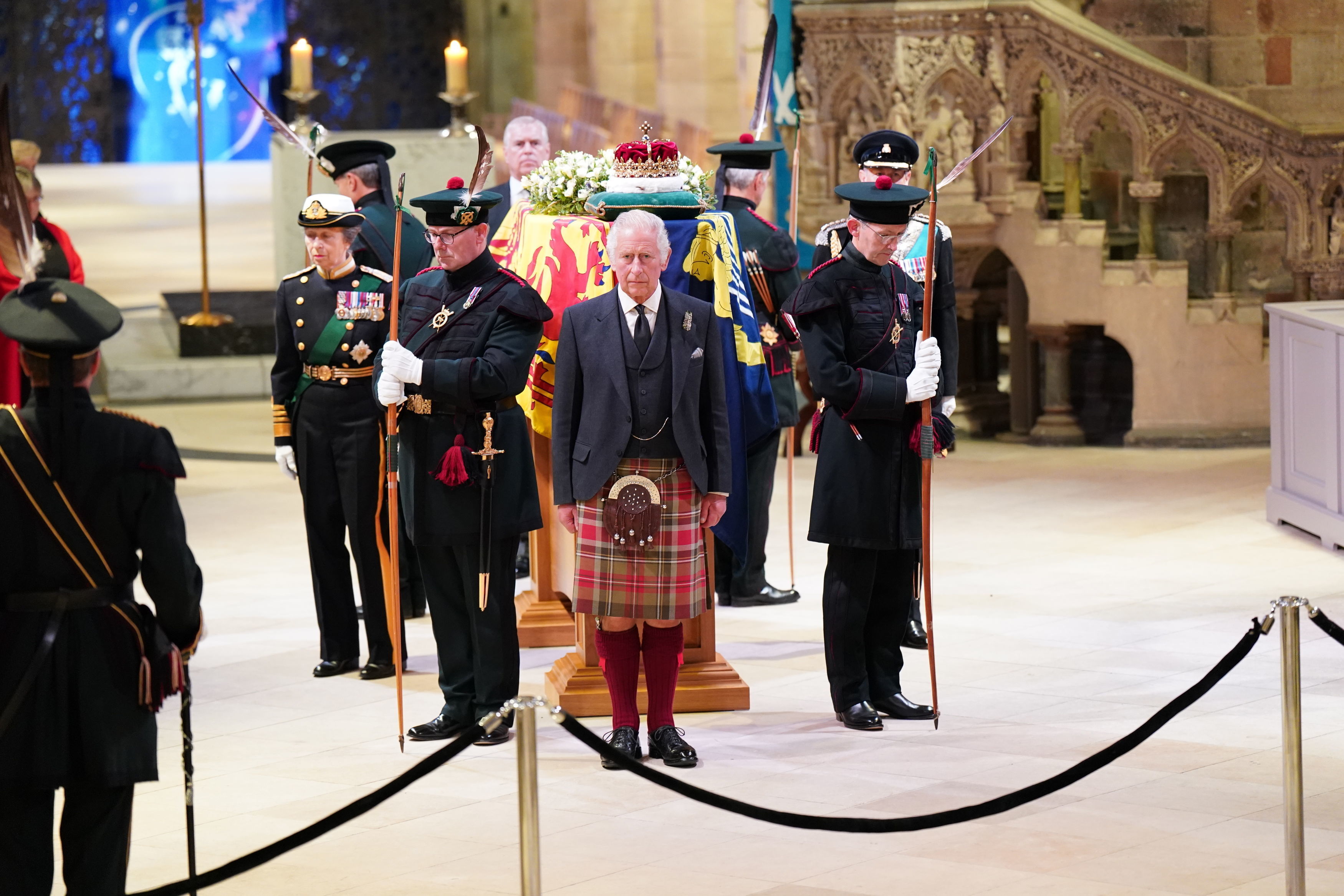 <p>In a ceremony called the Vigil of the Princes, Britain's King Charles III, Princess Anne, Prince Andrew and Prince Edward stood on all four sides of mother Queen Elizabeth II's casket inside St. Giles' Cathedral in Edinburgh, Scotland, on Sept. 12, 2022, for 10 minutes alongside members of the Royal Company of Archers, who were there to guard her body through the night, as thousands of mourners filed past to pay their respects. Andrew, who served 22 years in the Royal Navy, was the only one of his siblings not in uniform -- though he did wear his medals -- as he was stripped of his military titles in early 2022 before settling a civil sexual abuse lawsuit.</p>