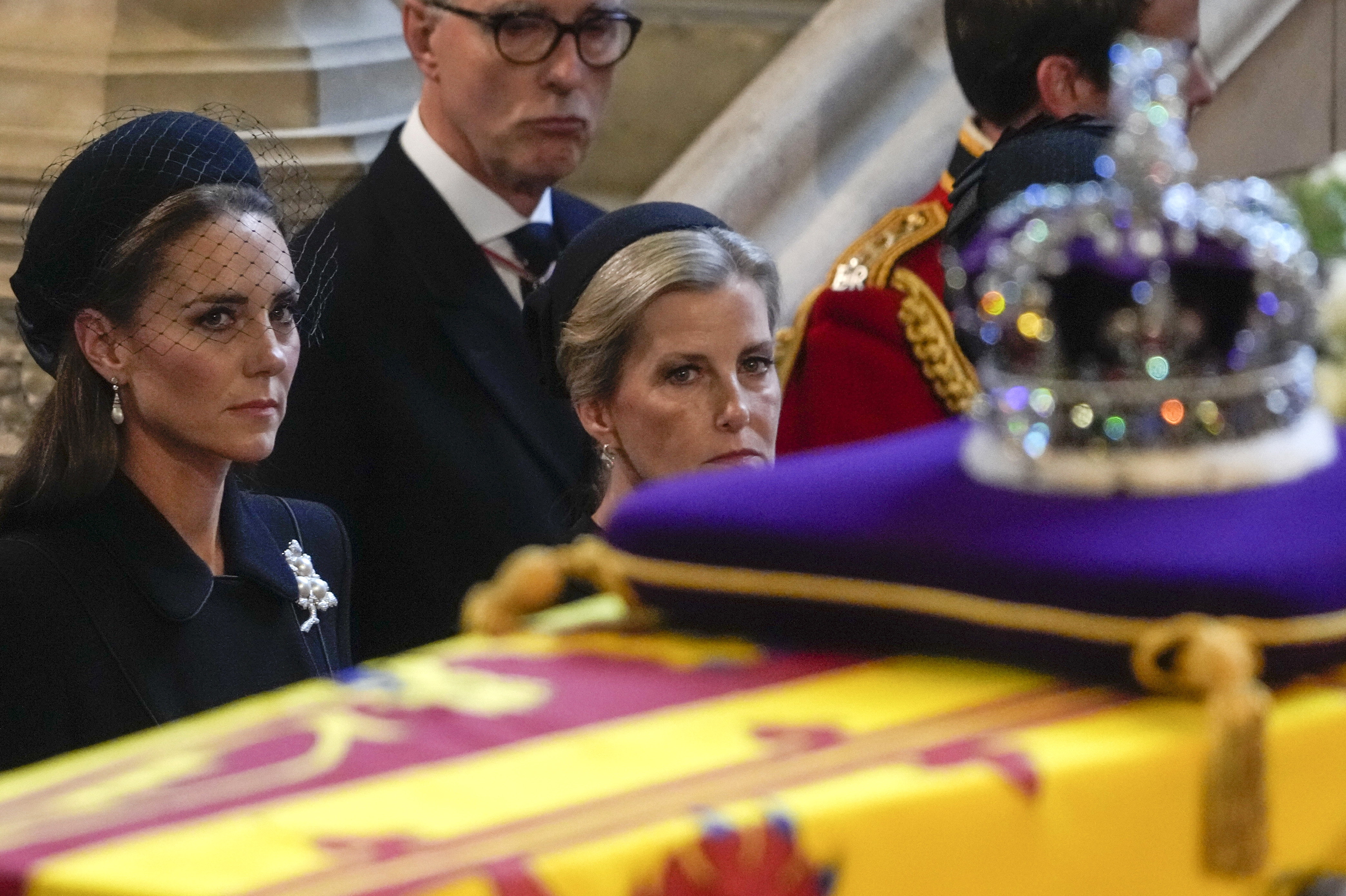 <p>Princess Kate and Sophie, Countess of Wessex watched the coffin of Queen Elizabeth II arrive in London's Westminster Hall on Sept. 14, 2022, after her body arrived from Buckingham Palace. She will lay in state until the early morning of her funeral.</p>