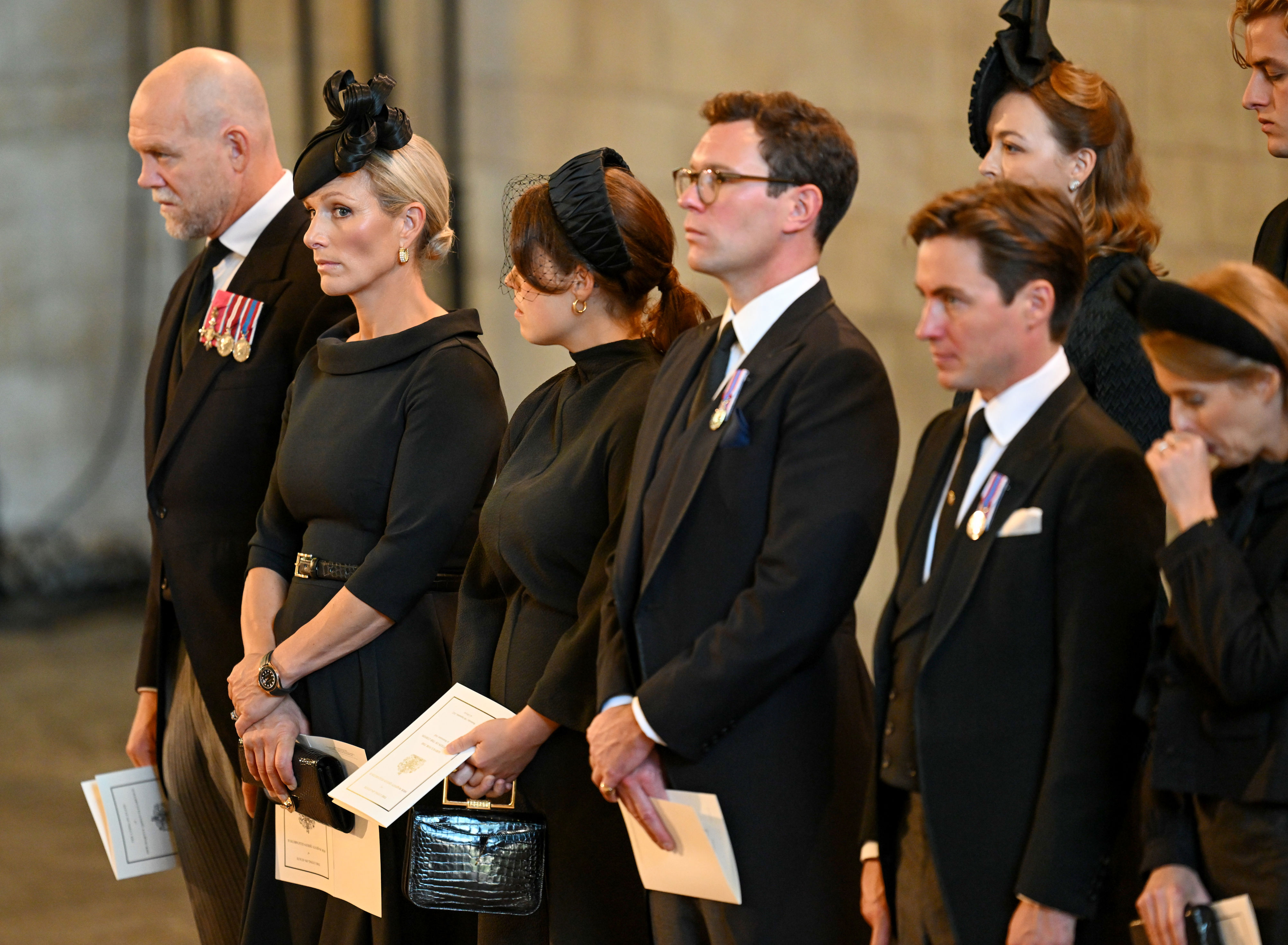 <p>Mike Tindall and wife Zara Tindall, Princess Eugenie and husband Jack Brooksbank and Edoardo Mapelli Mozzi paid their respects in the Palace of Westminster in London on Sept. 14, 2022, after Queen Elizabeth II's coffin arrived from Buckingham Palace to begin her lying-in-state five days ahead of her funeral.</p>