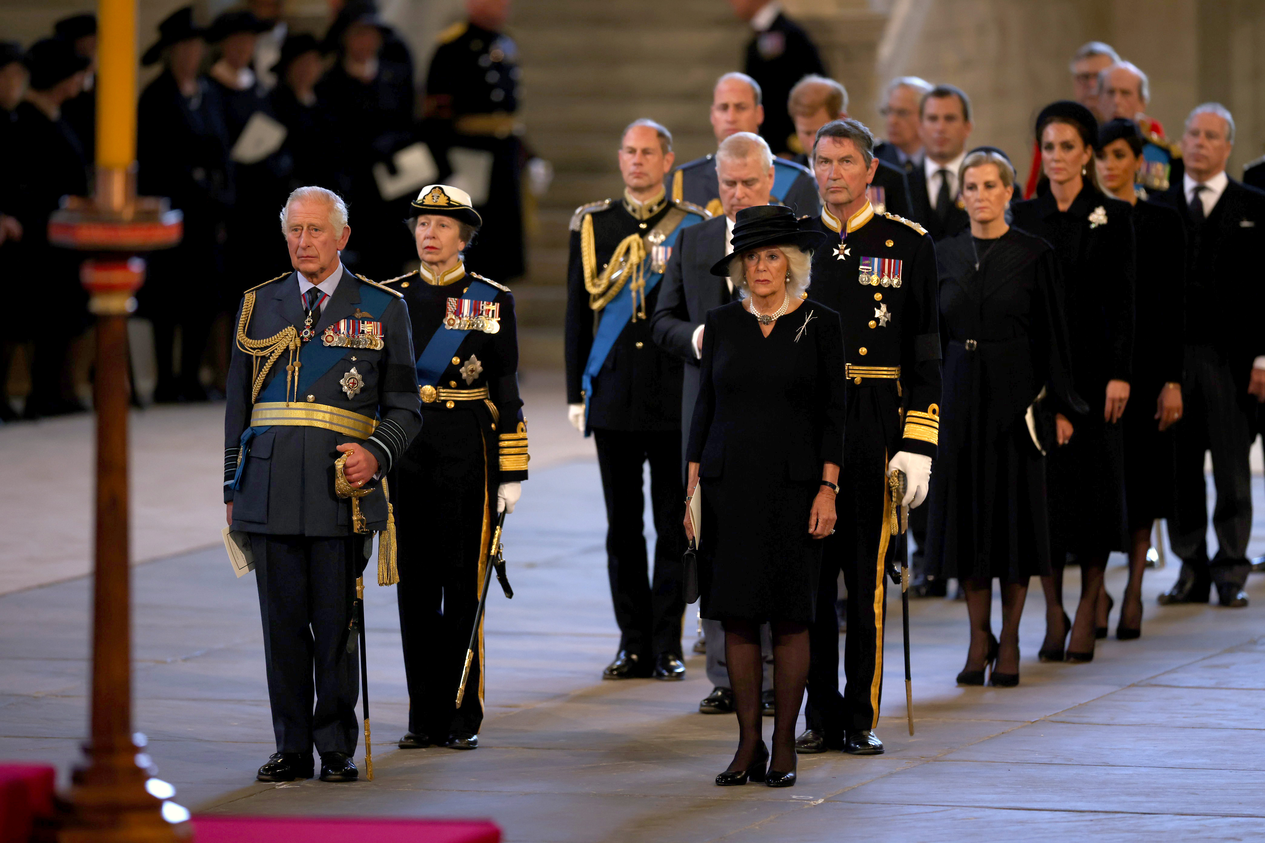 <p>King Charles III, Princess Anne, Prince Edward, <a href="https://www.wonderwall.com/celebrity/profiles/overview/prince-william-482.article">Prince William</a>, Prince Andrew, Camilla, Queen Consort, Sir Timothy Laurence, Peter Phillips, Sophie, Countess of Wessex, Princess Kate, Princess Beatrice and Prince Edward, Duke of Kent were in formation inside the Palace of Westminster in London at the start of the lying-in state of Queen Elizabeth II on Sept. 14, 2022.</p>