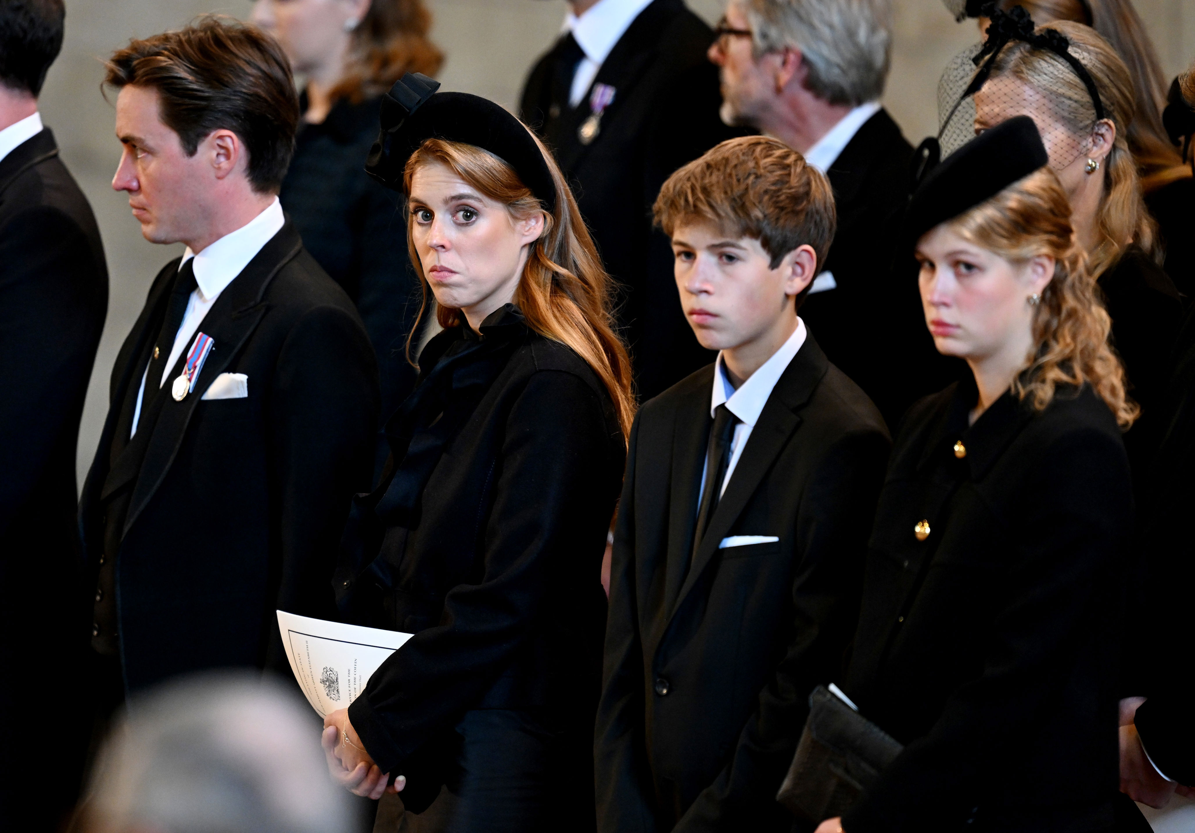 <p>Edoardo Mapelli Mozzi and wife Princess Beatrice stood next to her cousins James, Viscount Severn and Lady Louise Windsor, as they paid their respects in the Palace of Westminster in London on Sept. 14, 2022, after Queen Elizabeth II's coffin arrived from Buckingham Palace to begin her lying-in-state five days ahead of her funeral.</p>