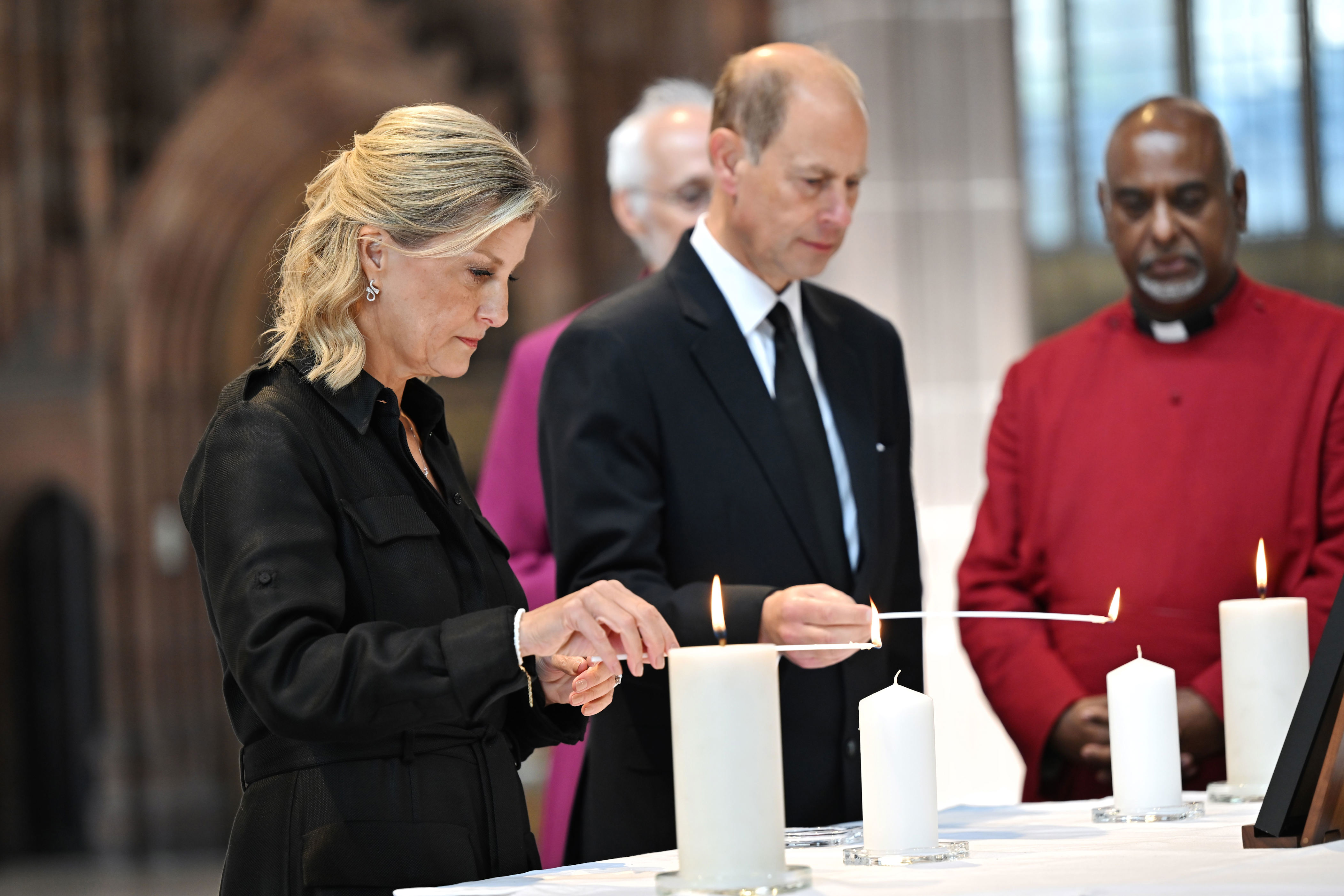 <p>Sophie, Countess of Wessex and husband Prince Edward visited Manchester Cathedral in Manchester, England, on Sept. 15, 2022, to light a candle in memory of Queen Elizabeth III during a day in the city to accept condolences on behalf of the royal family ahead of the late monarch's funeral. They and other senior royals stepped in to support King Charles III as he retreated to his Highgrove estate to spend a day in quiet reflection after a packed schedule of events following Elizabeth's death on Sept. 8.</p>