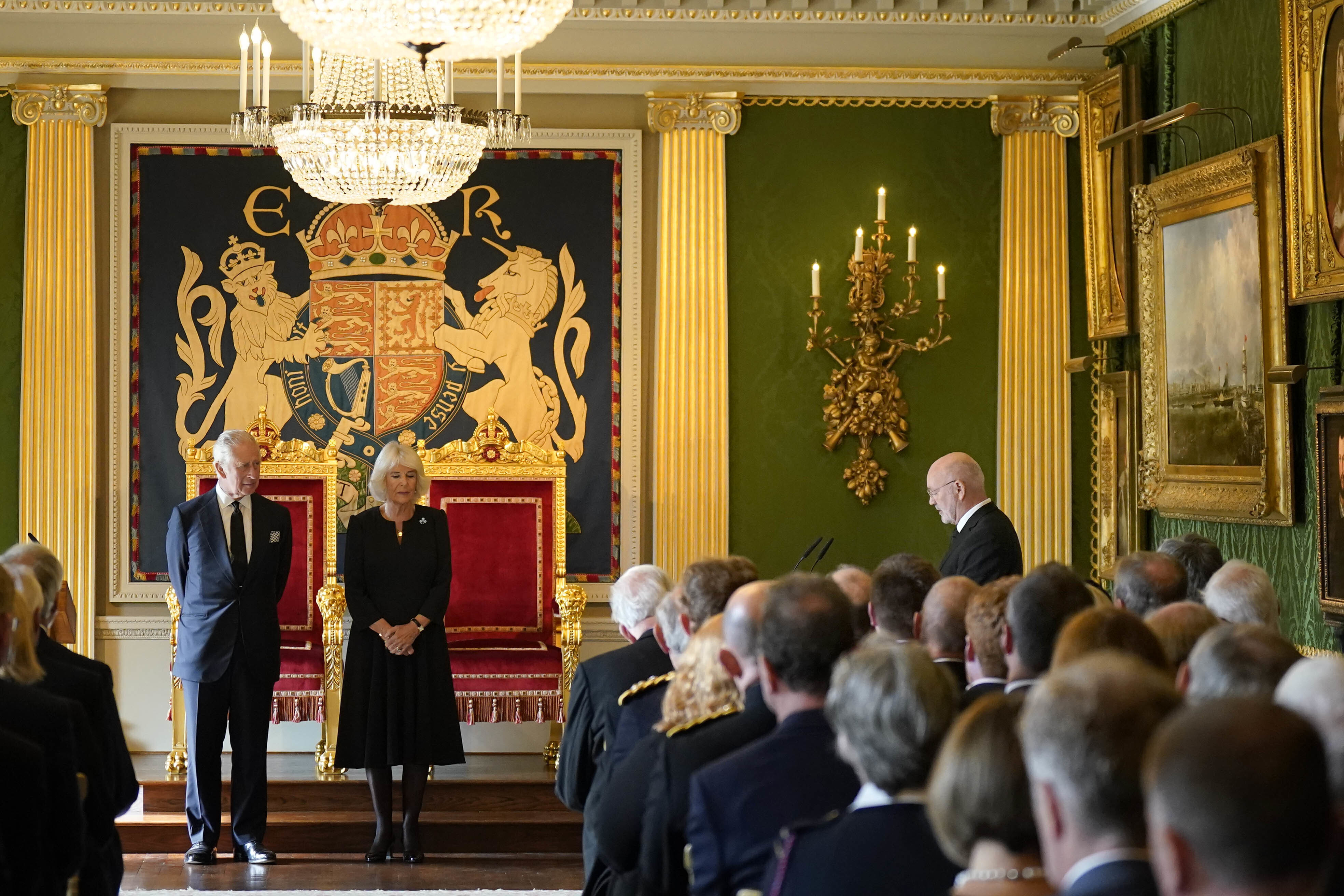 <p>King Charles III and Camilla, Queen Consort listened to a message of condolence from Speaker of the Northern Ireland Assembly Alex Maskey at Hillsborough Castle in Belfast, Northern Ireland, five days after <a href="https://www.wonderwall.com/celebrity/celebrities-dignitaries-react-to-death-of-queen-elizabeth-ii-647756.gallery">the death</a> of Queen Elizabeth II. The couple visited the U.K. nation on the same day the queen's coffin was flown to London from Scotland, where she died at her summer home, Balmoral.</p>