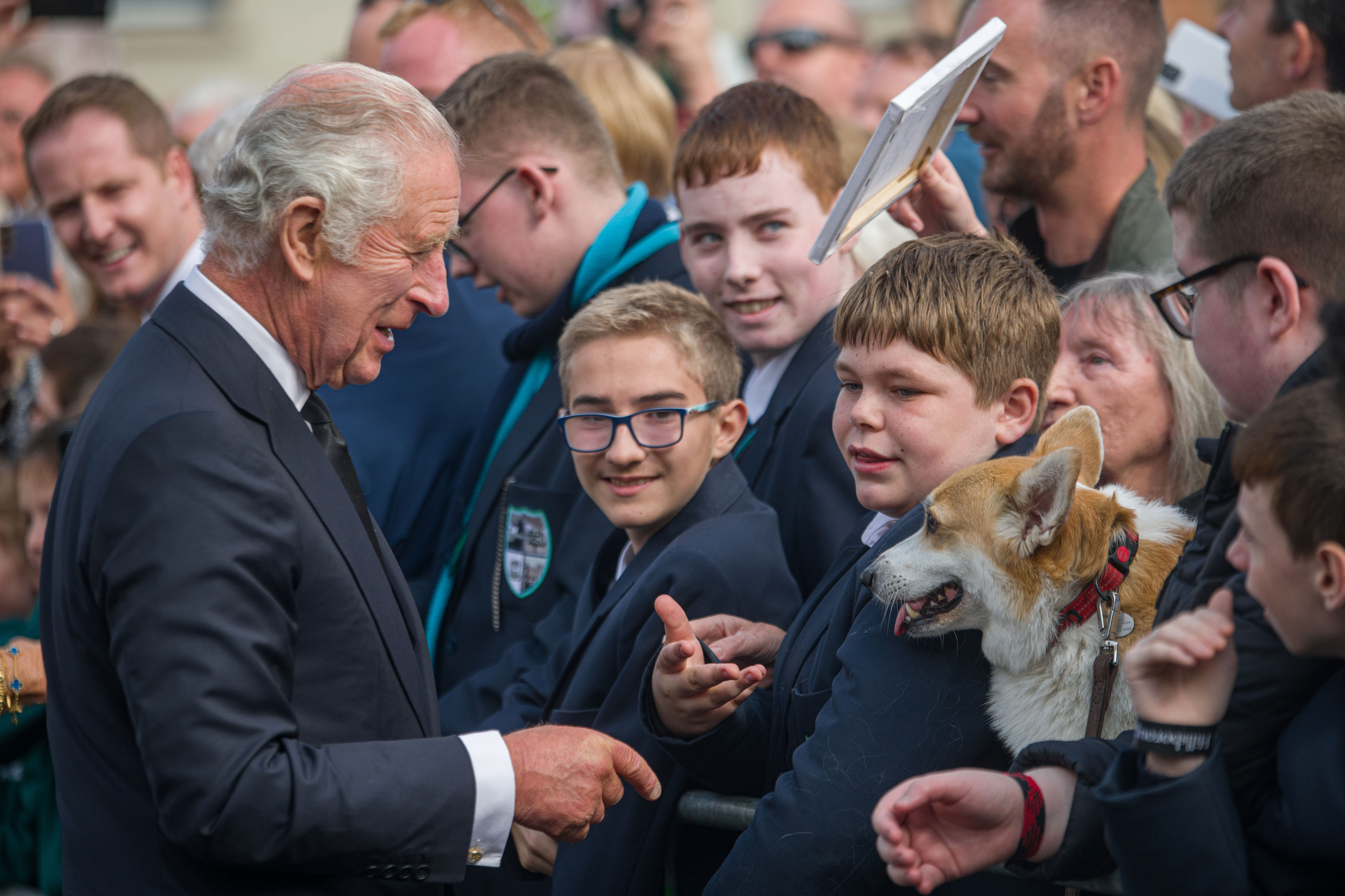 <p>King Charles III greeted well-wishers -- including some children and their adorable corgi, which was the late Queen Elizabeth's II's favorite dog breed -- outside Hillsborough Castle in Belfast, Northern Ireland, on Sept. 13, 2022. The new monarch traveled to the U.K. nation to receive tributes from pro-U.K. parties and the respectful sympathies of nationalists in the wake of the queen's death five days earlier.</p>
