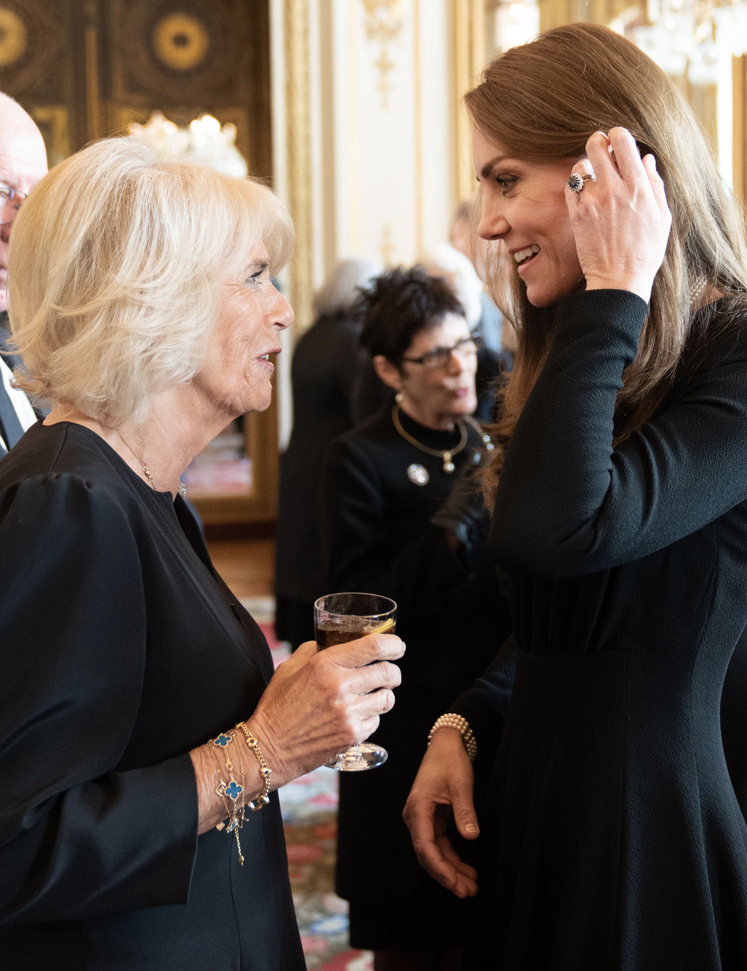 <p>Camilla, Queen Consort and daughter-in-law Princess Kate chatted during a lunch King Charles III held for governors-general of the Commonwealth nations at Buckingham Palace in London on Sept. 17, 2022, two days ahead of Queen Elizabeth II's funeral.</p>