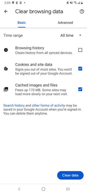The "Clear browsing data" menu in Chrome on Android. Screenshot by Mike Sorrentino/CNET