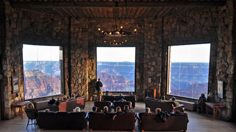 A gathering room with a view at Grand Canyon Lodge at the North Rim of Grand Canyon National Park in Arizona.