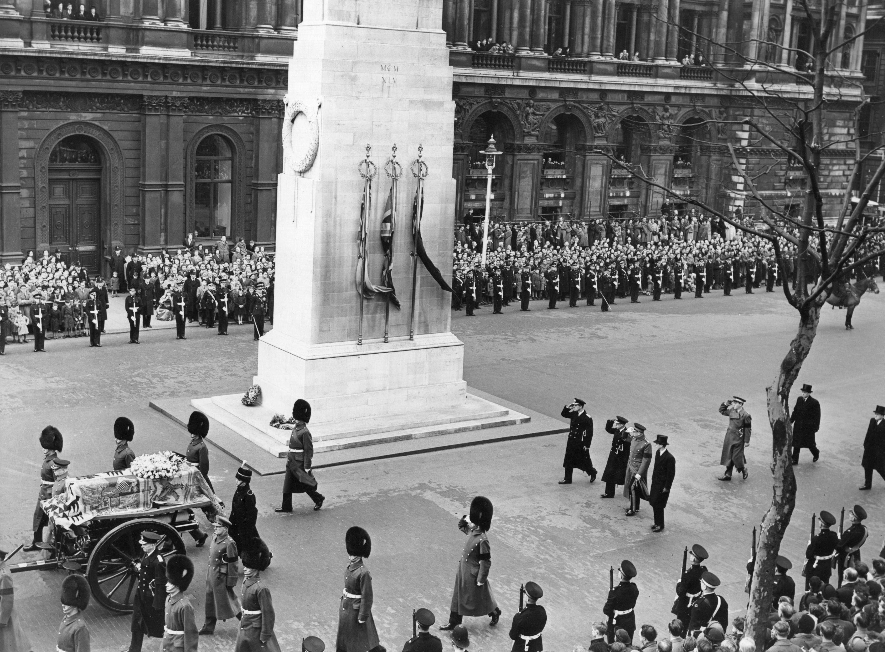 <p>The funeral cortege of Queen Mary made its way through London past the Cenotaph on March 29, 1953.</p>