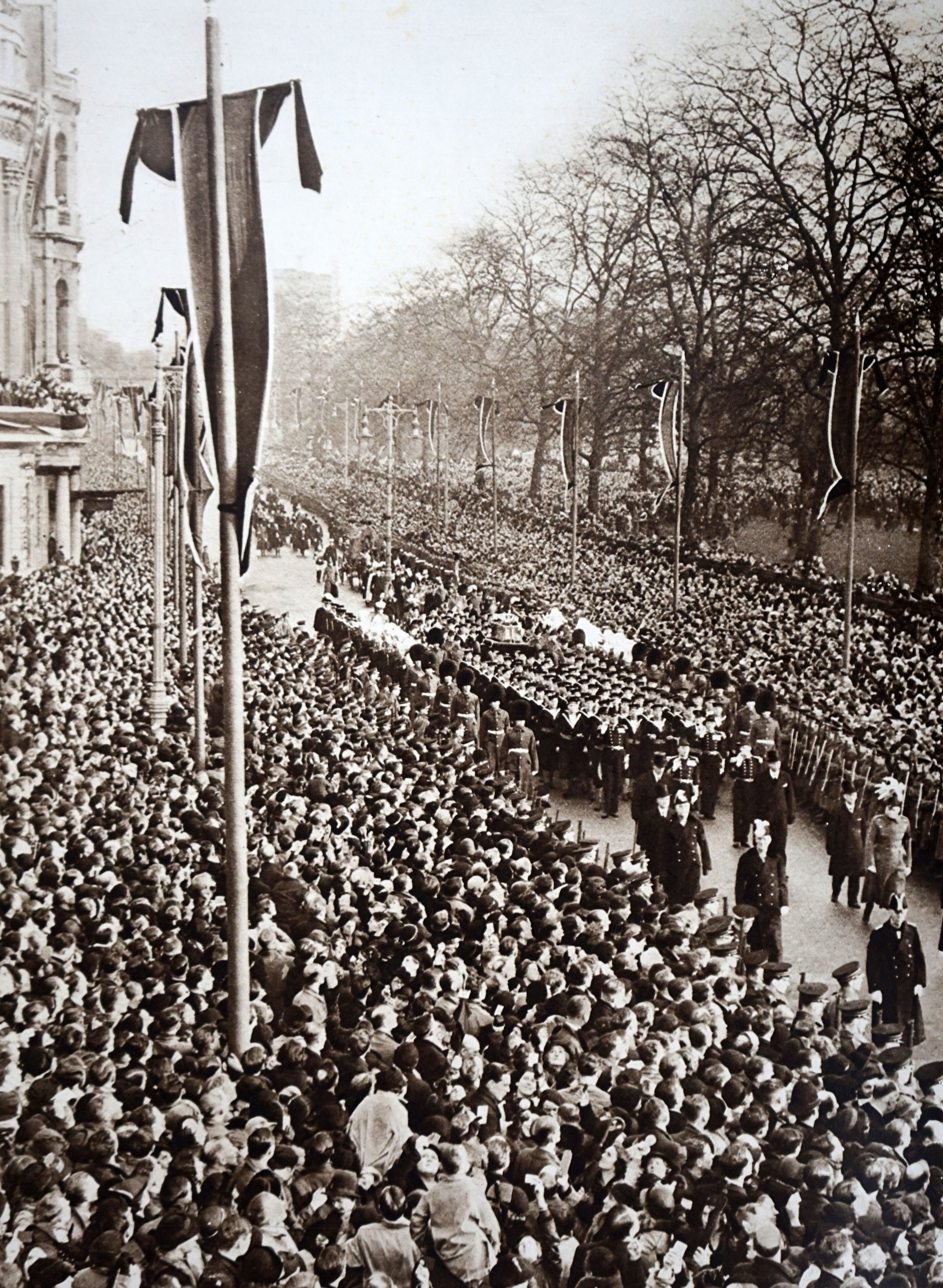 <p>Thousands of people lined the streets for the state funeral procession of King George V, who was buried on Jan. 28, 1936, following his death eight days earlier. He's Queen Elizabeth II's grandfather and was a grandson of Queen Victoria and Prince Albert.</p>