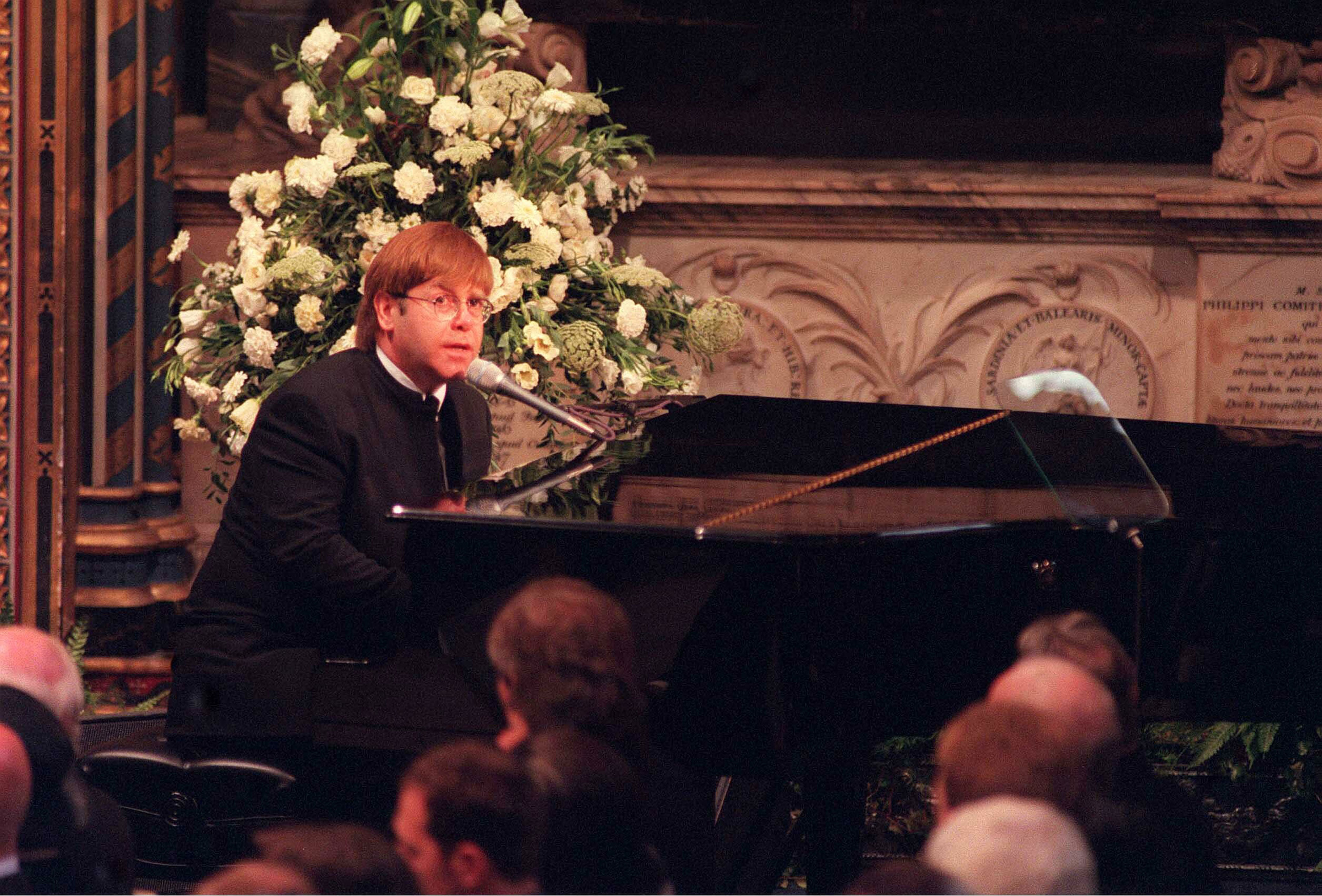 <p>Sir <a href="https://www.wonderwall.com/celebrity/profiles/overview/elton-john-977.article">Elton John</a> performed "Candle in the Wind" at the funeral of his close friend Princess Diana at Westminster Abbey in London on Sept. 6, 1997.</p>