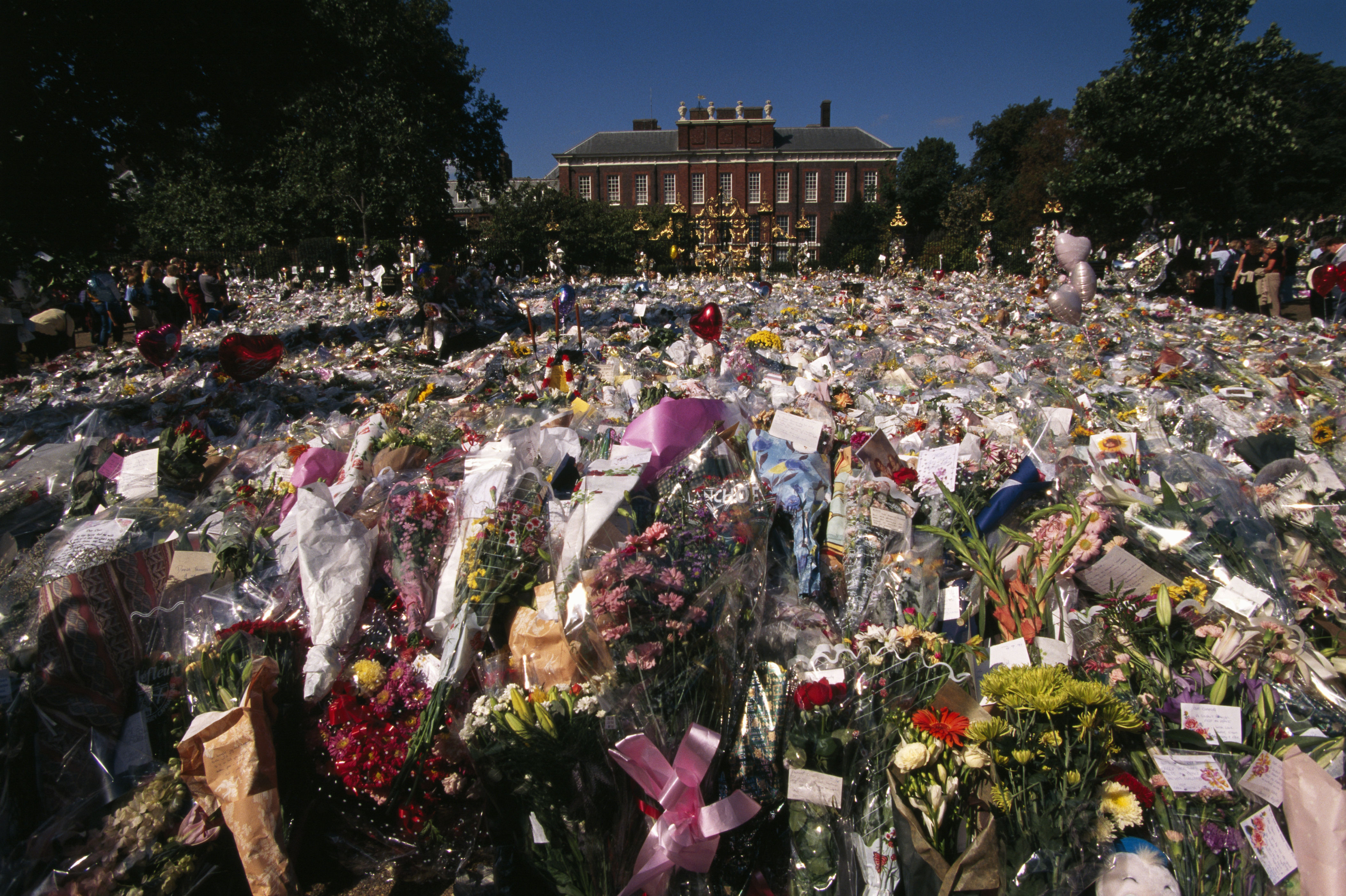 <p>This photo was taken on the day of Princess Diana's funeral in London, Sept. 6, 1997, and shows some of the more than 1 million bouquets of flowers that the public laid in front of her London home, Kensington Palace.</p>
