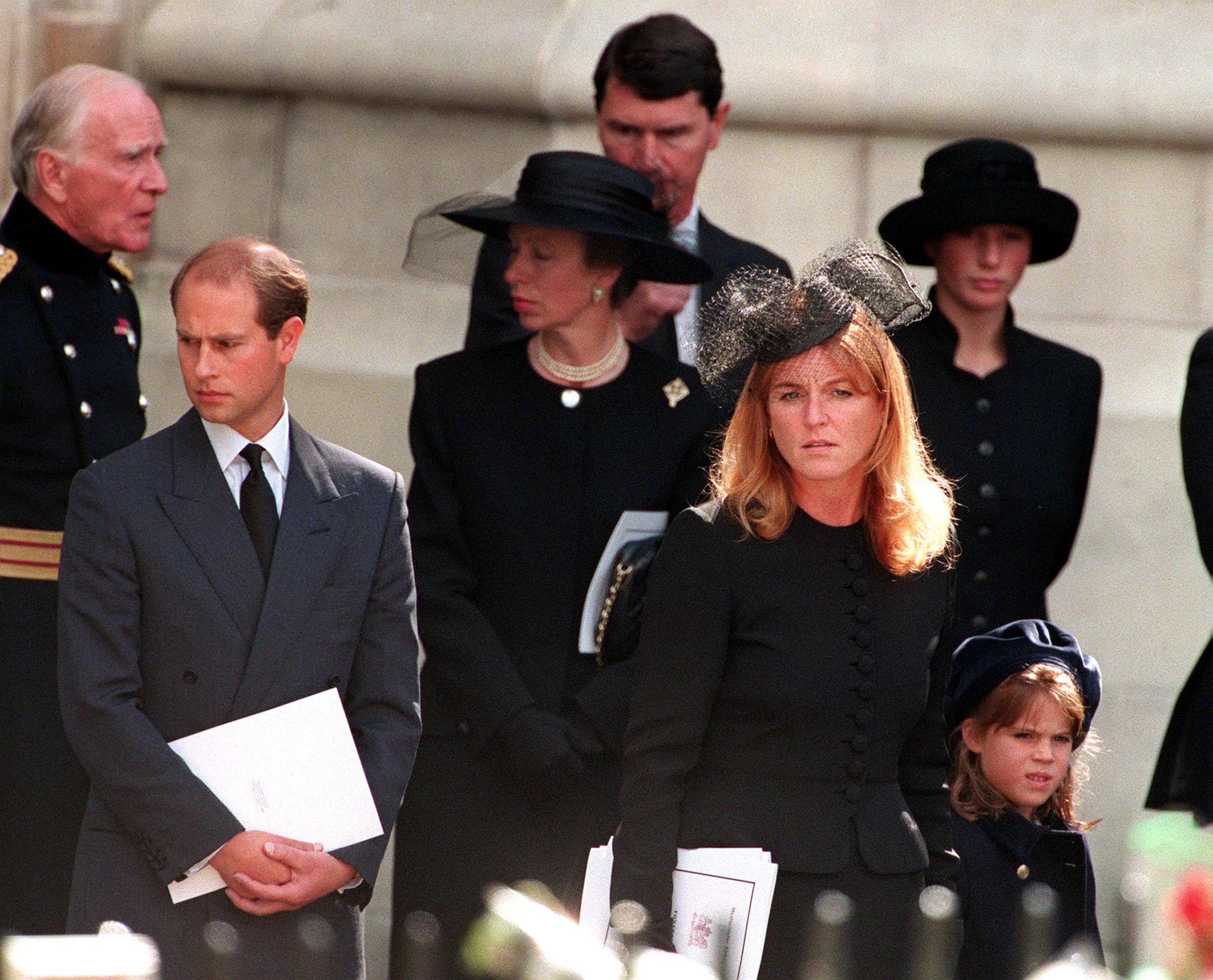 <p>Prince Edward, Princess Anne, Sir Tim Laurence, Sarah, Duchess of York and Princess Eugenie were photographed leaving Westminster Abbey in London after the funeral service for Princess Diana on Sept. 6, 1997.</p>